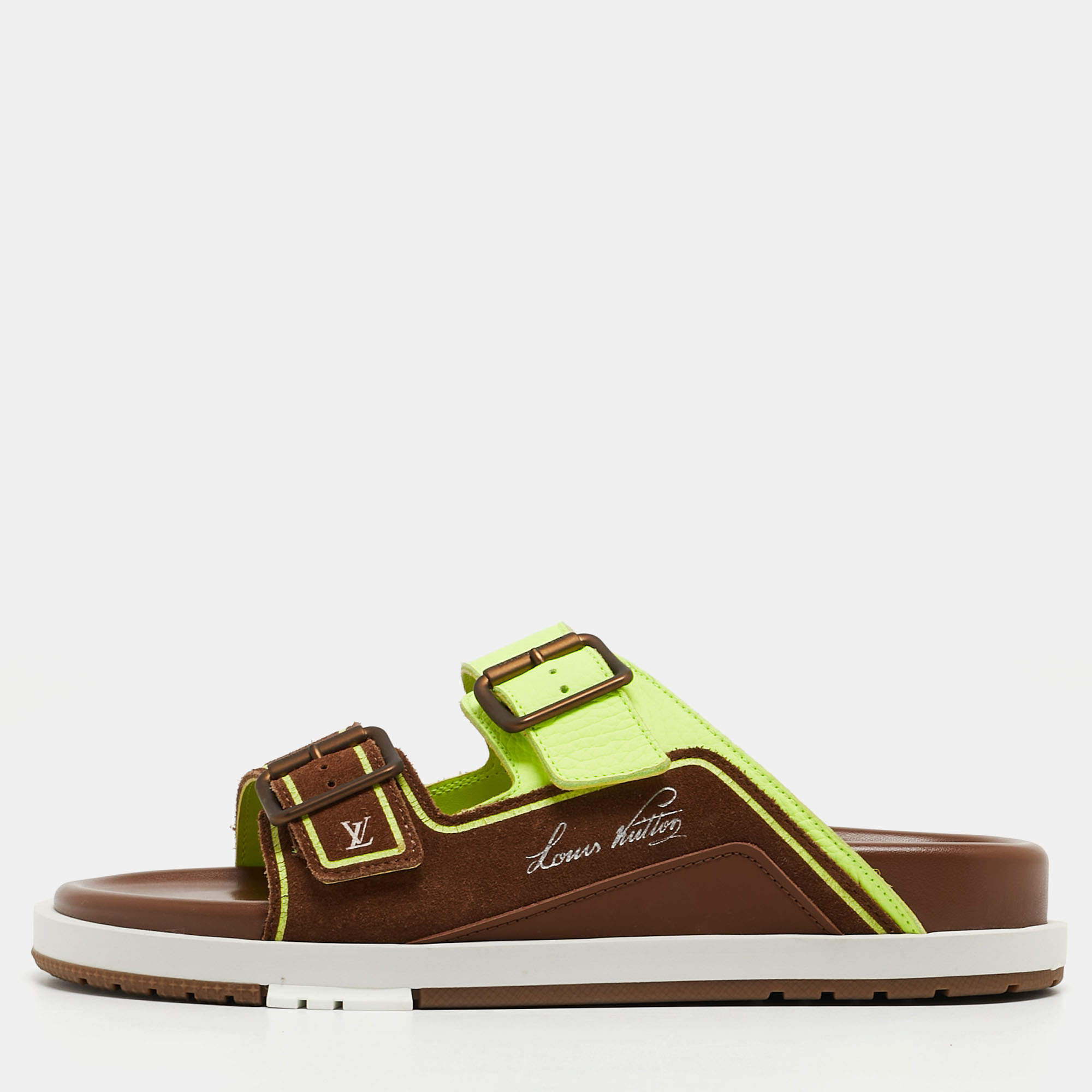 Louis Vuitton Brown/Neon Green Suede and Leather LV Trainer Mules Size 42