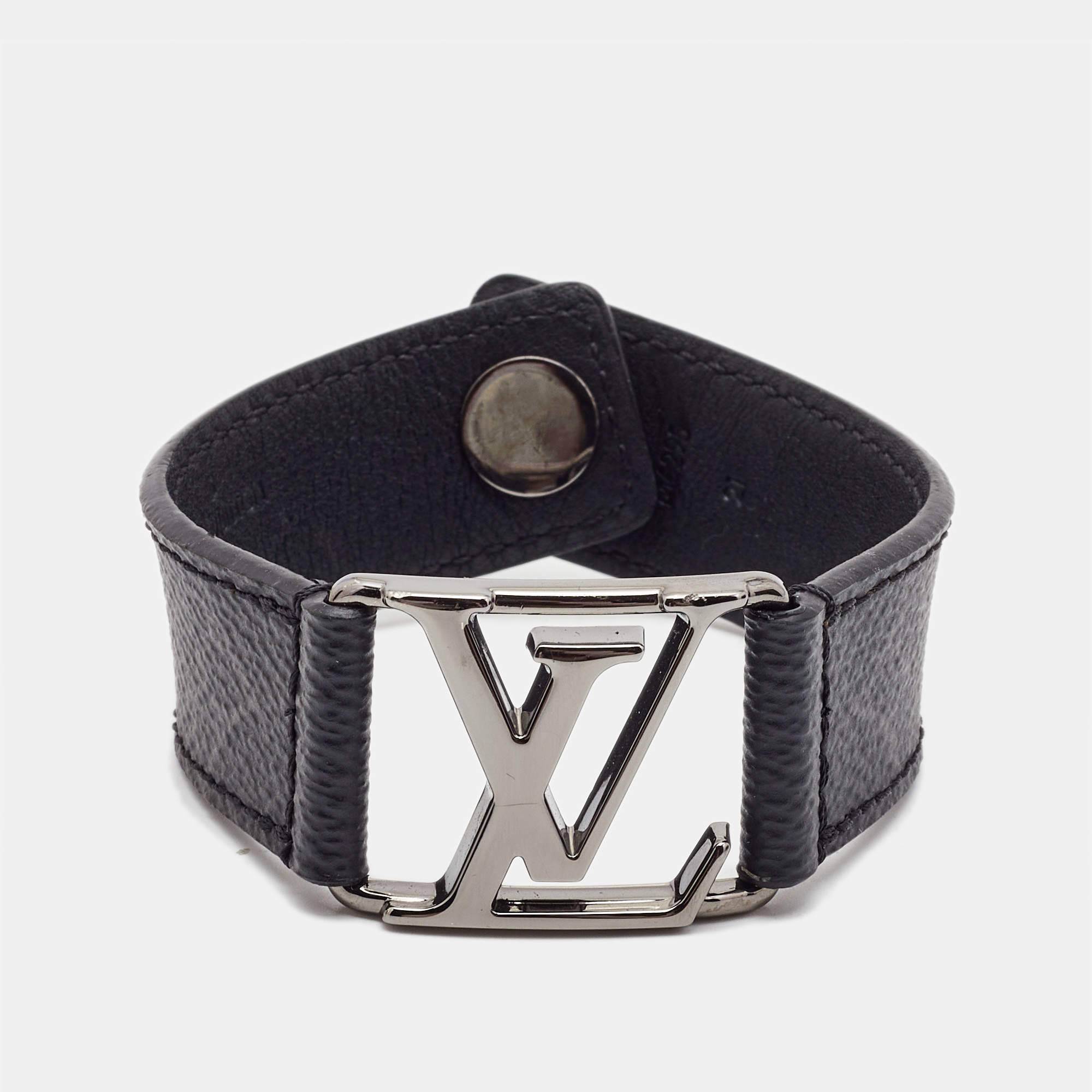 Louis Vuitton Monogram Eclipse Hockenheim Leather Gunmetal Tone Bracelet 21