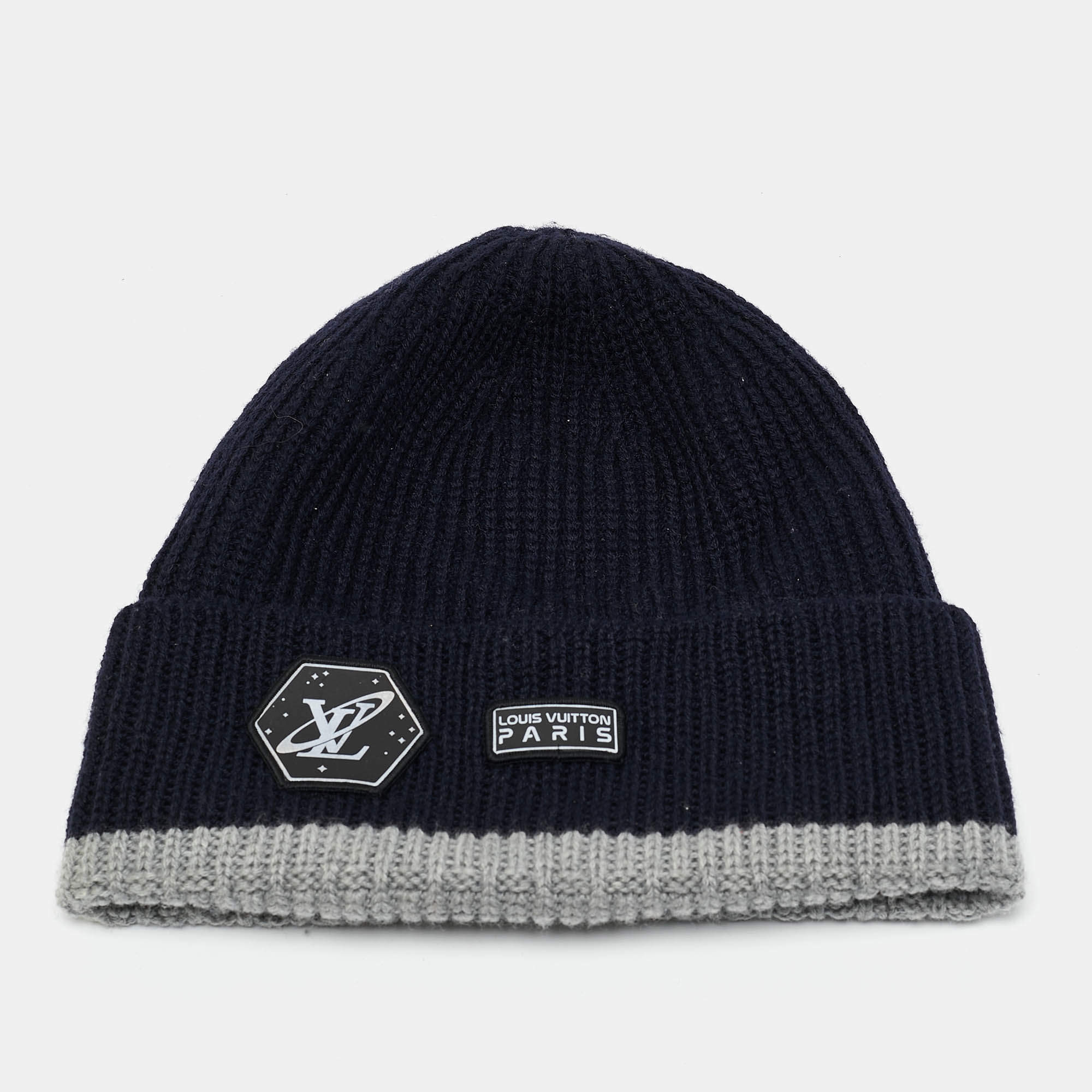 Pre Owned Louis vuitton Navy Blue Logo Applique Wool Rib Knit Beanie