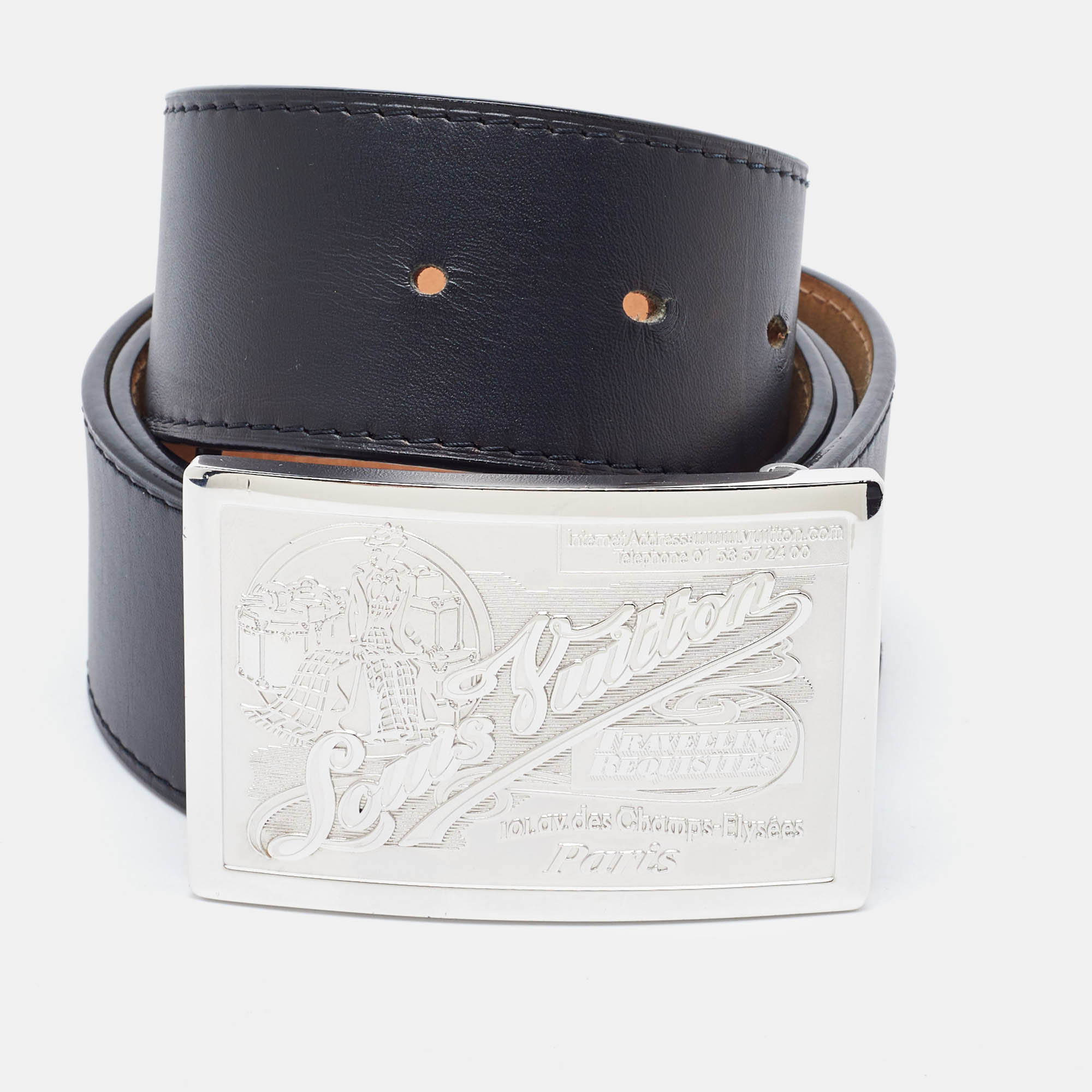 Pre Owned Louis Vuitton Black Leather Travelling Requisites Belt 95CM