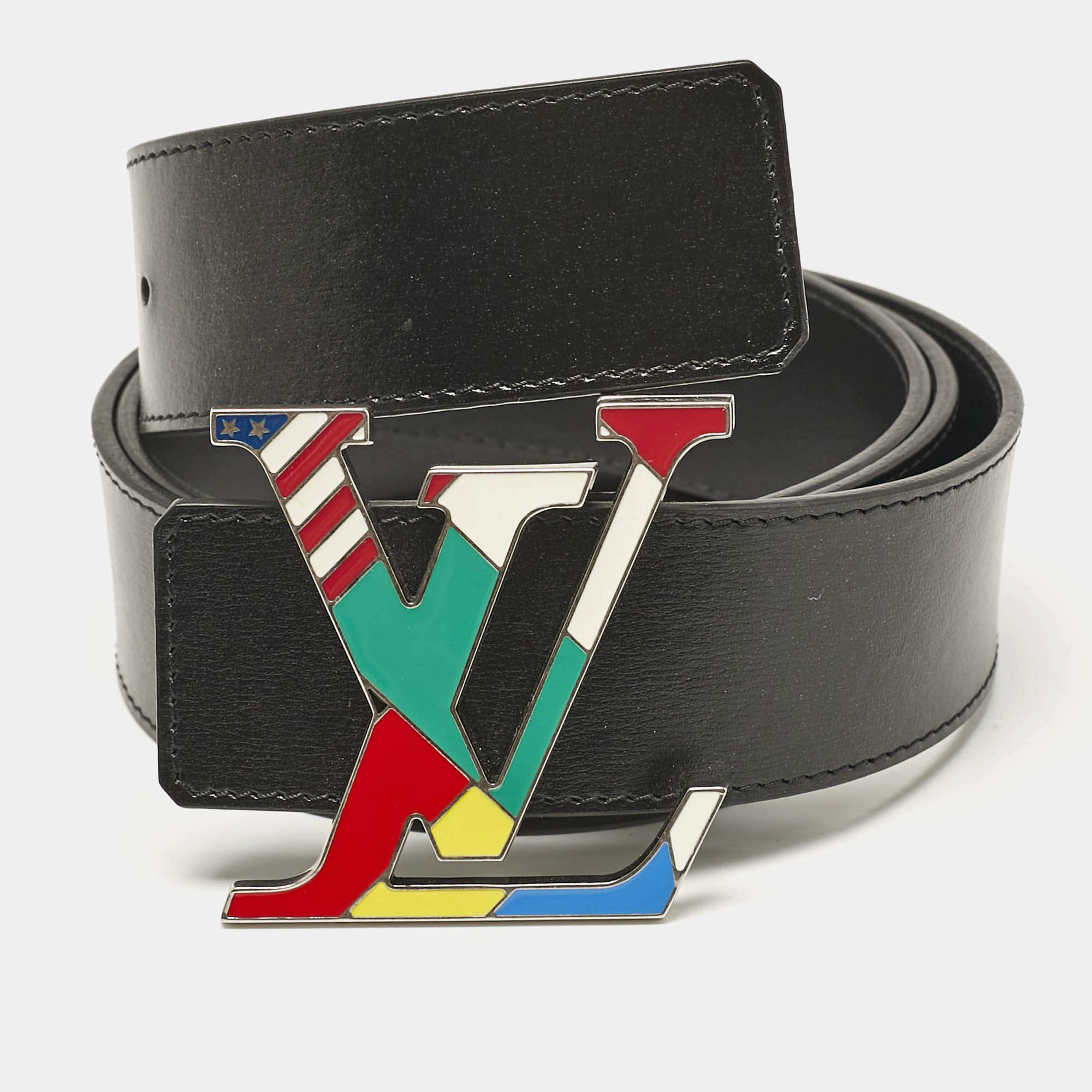 Louis Vuitton Black Leather LV Initiales Flags Belt 100CM
