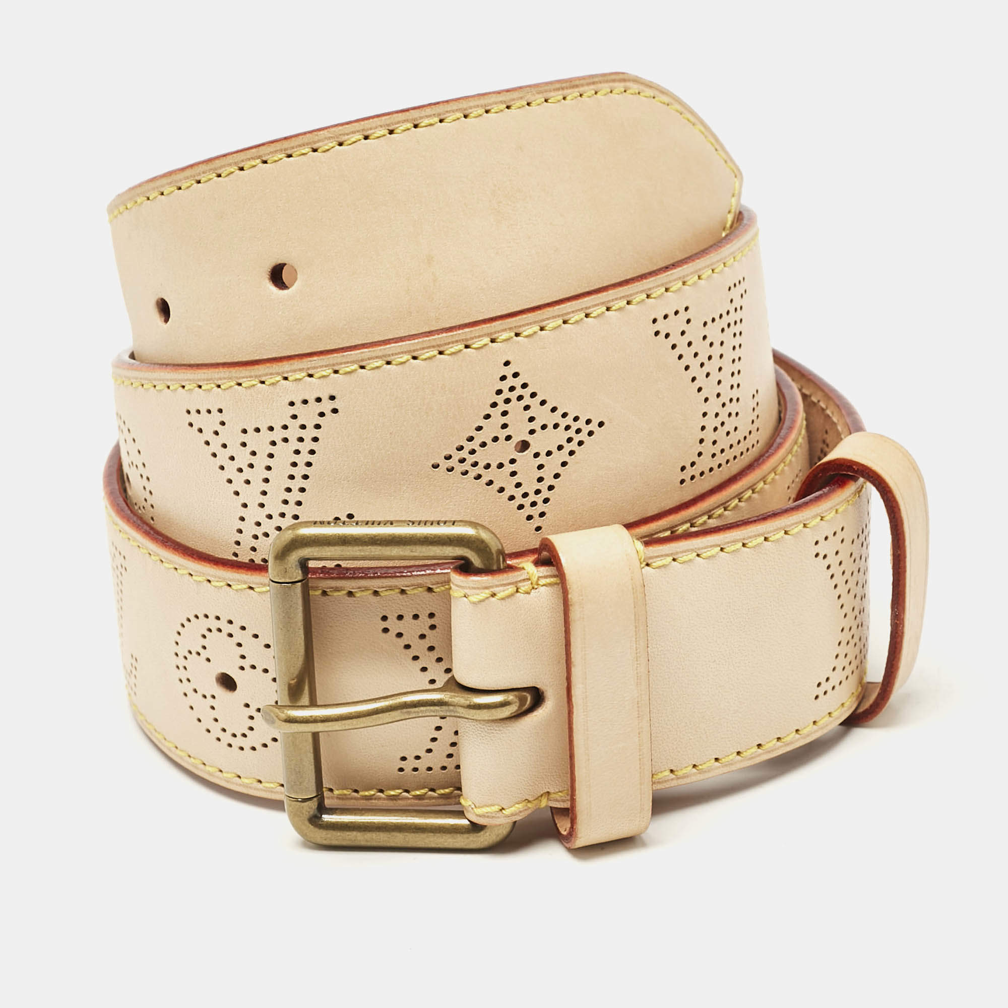Pre Owned Louis Vuitton Beige Monogram Mahina Vachetta Leather Buckle Belt 105 CM