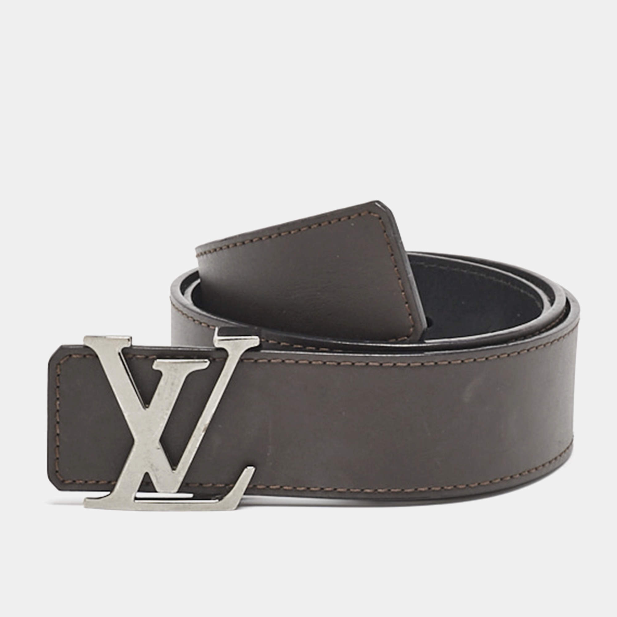 Pre Owned Louis Vuitton Dark Brown/Black Leather LV Initiales Reversible Belt 90CM