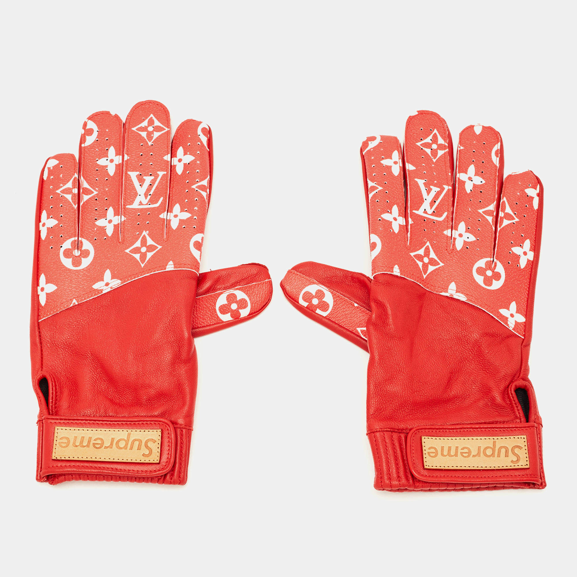 Pre Owned Louis Vuitton x Supreme Rouge Monogram Canvas and Leather Baseball Gloves Size 8