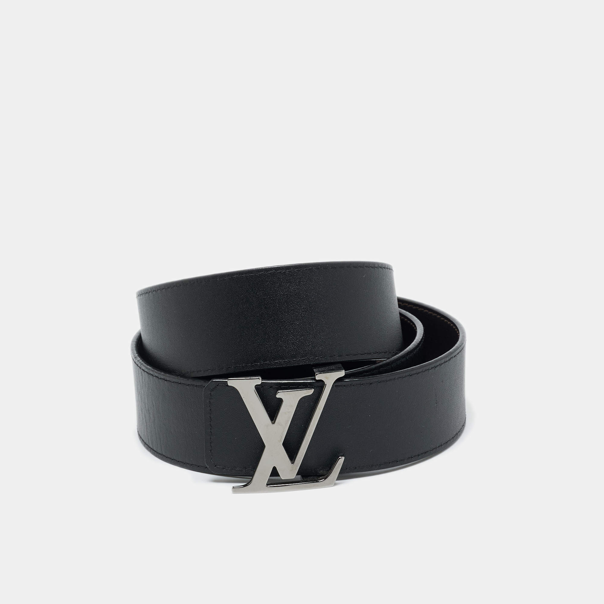 Pre Owned Louis Vuitton Black/Dark Brown Leather LV Initiales Belt 105CM