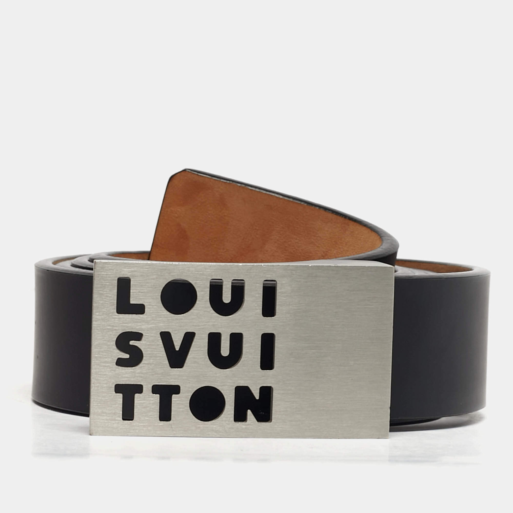 Pre Owned Louis Vuitton Black Leather Logo Cut Out Buckle Belt 110 CM