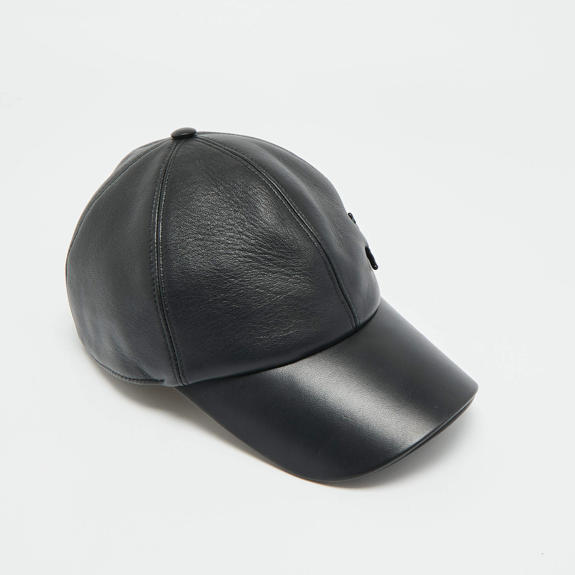 Pre Owned Louis Vuitton Black LV Pin Leather Cap 58 cm