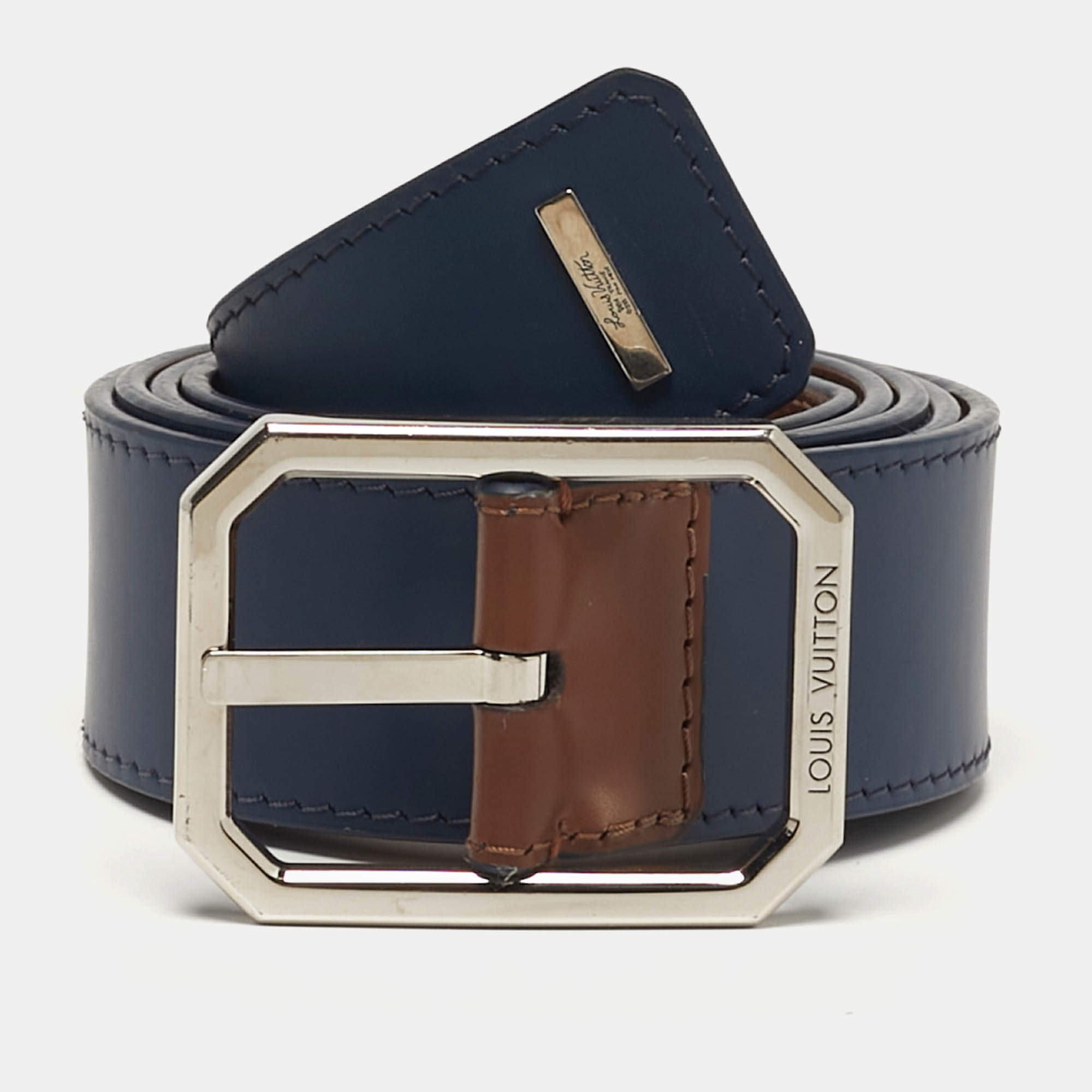 Pre Owned Louis Vuitton LV Staples 100 CM Reversible Buckle Belt Brown/Blue Leather