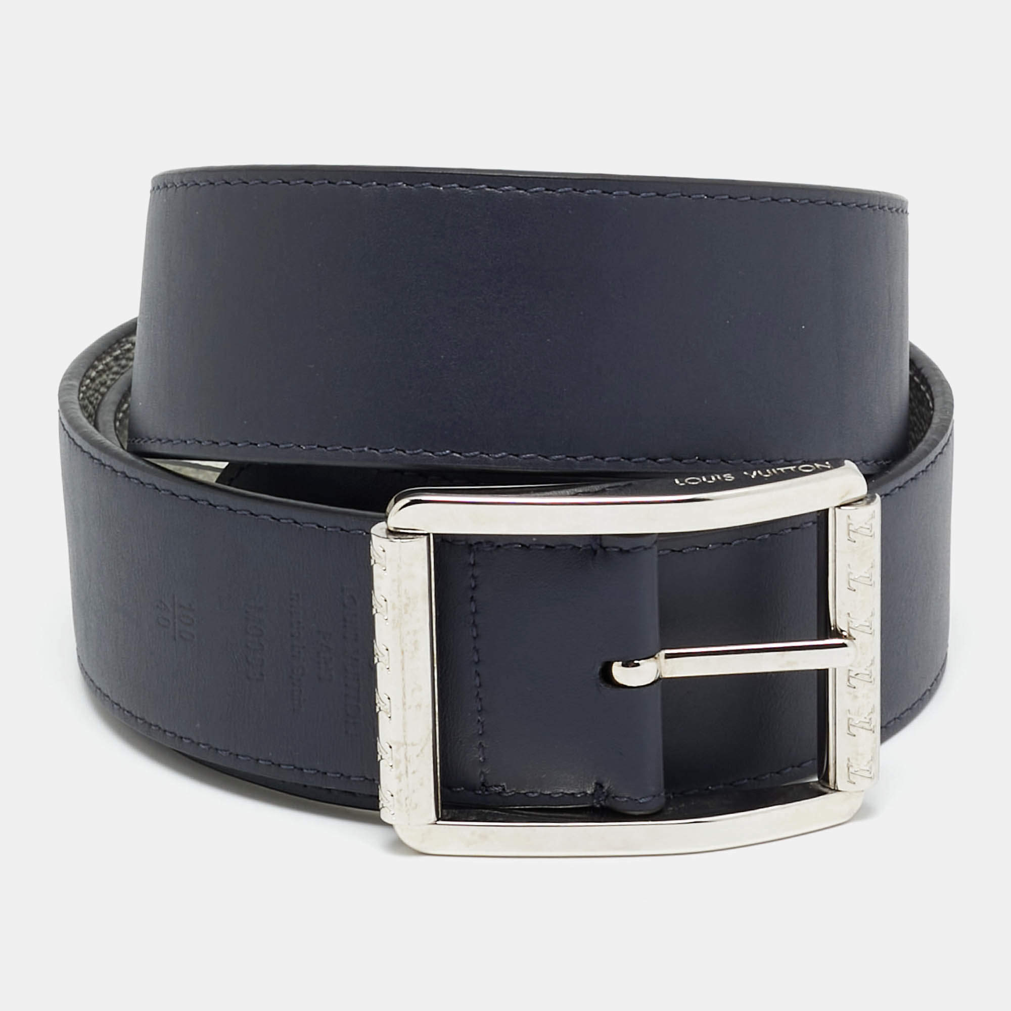 Pre Owned Louis Vuitton 100 CM Reversible Buckle Belt Blanc/Marine Monogram Canvas and Leather