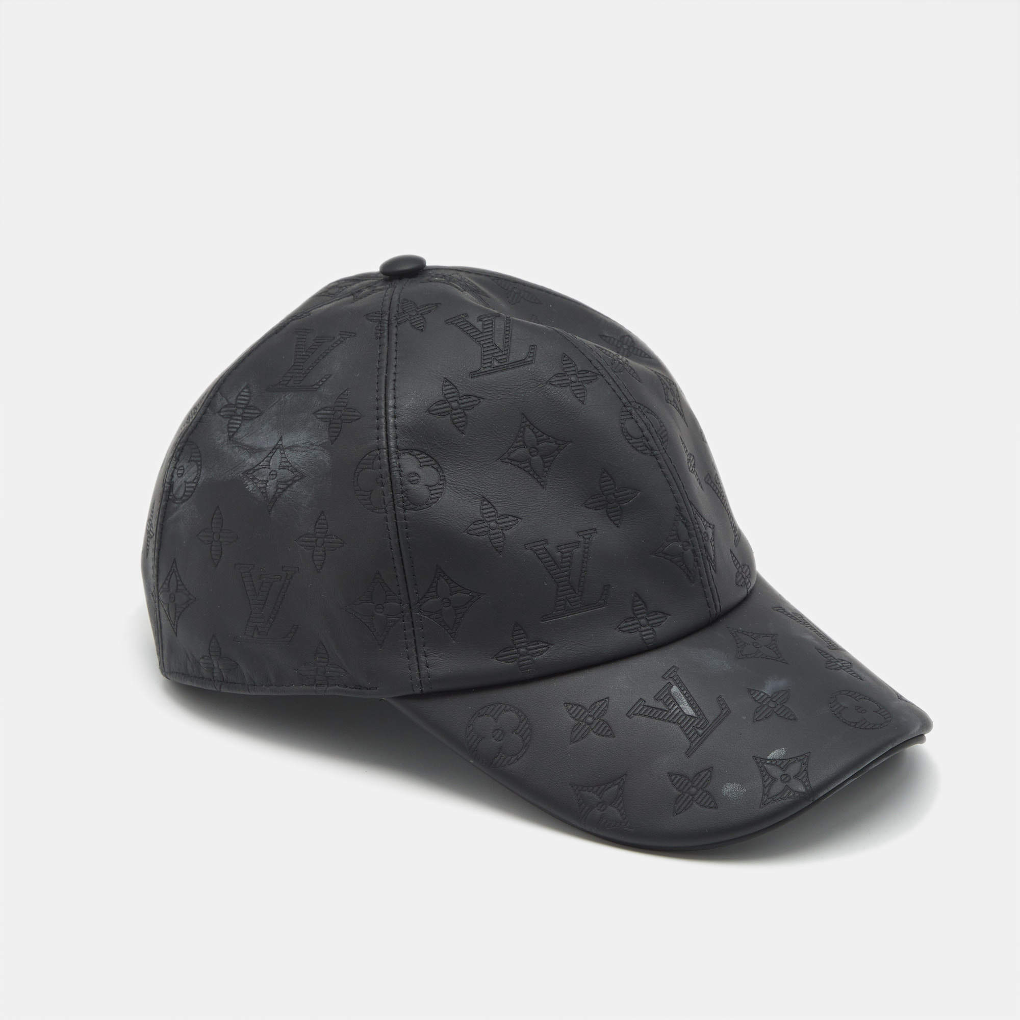 Pre Owned Louis Vuitton Black Monogram Shadow Leather Cap Size 60