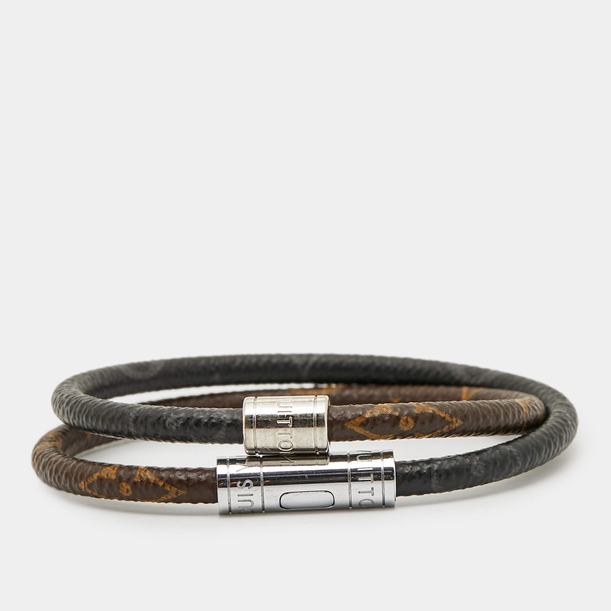 Pre Owned Louis Vuitton Keep It Double Coated Canvas Silver Tone Bracelet