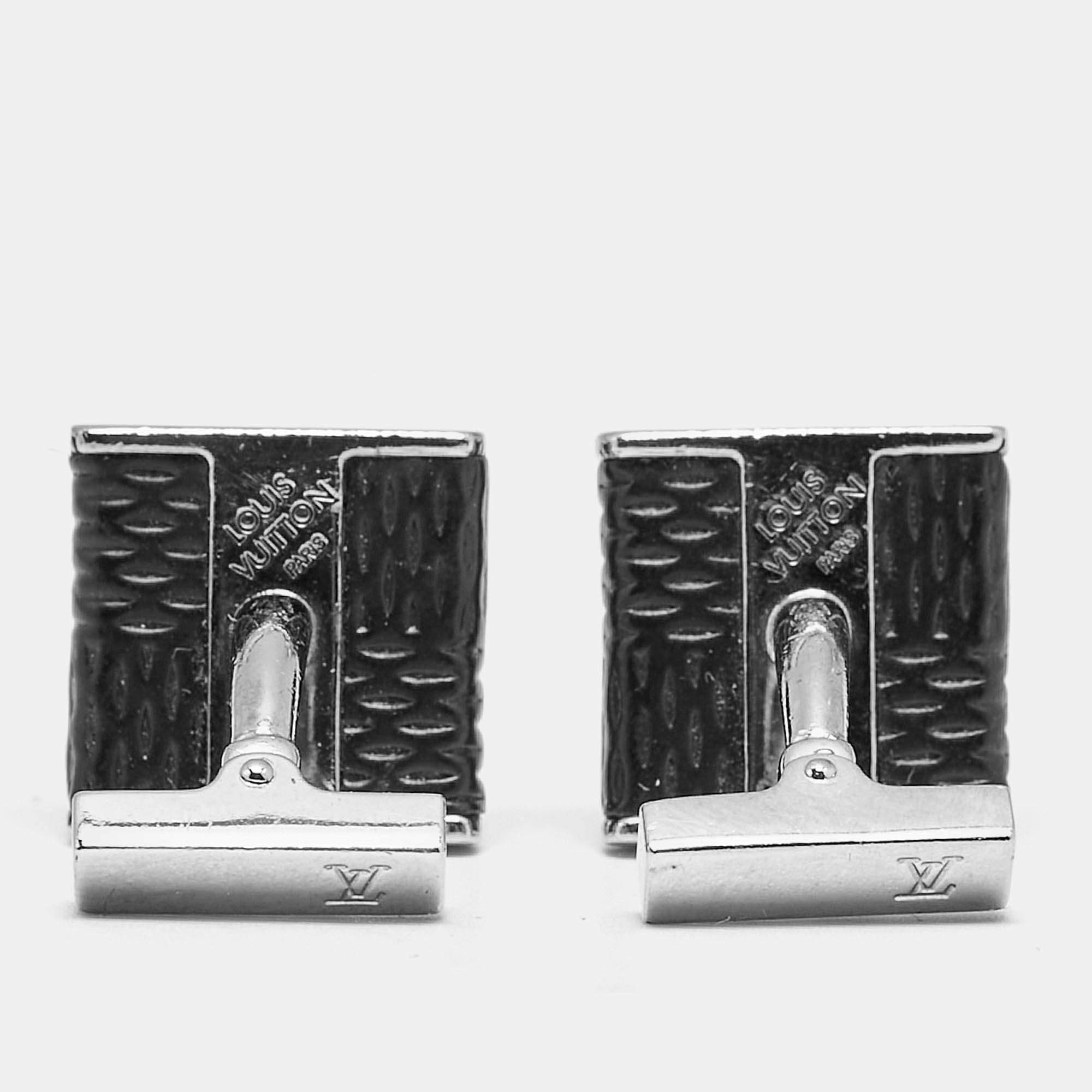 Pre Owned Louis Vuitton Damier Graphite Leather Silver Tone Cufflinks