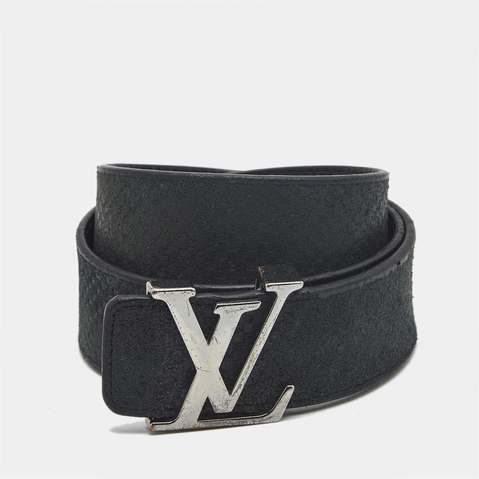 Pre Owned Louis Vuitton LV Initiales 105 CM Buckle Belt Black Mini Damier Suede