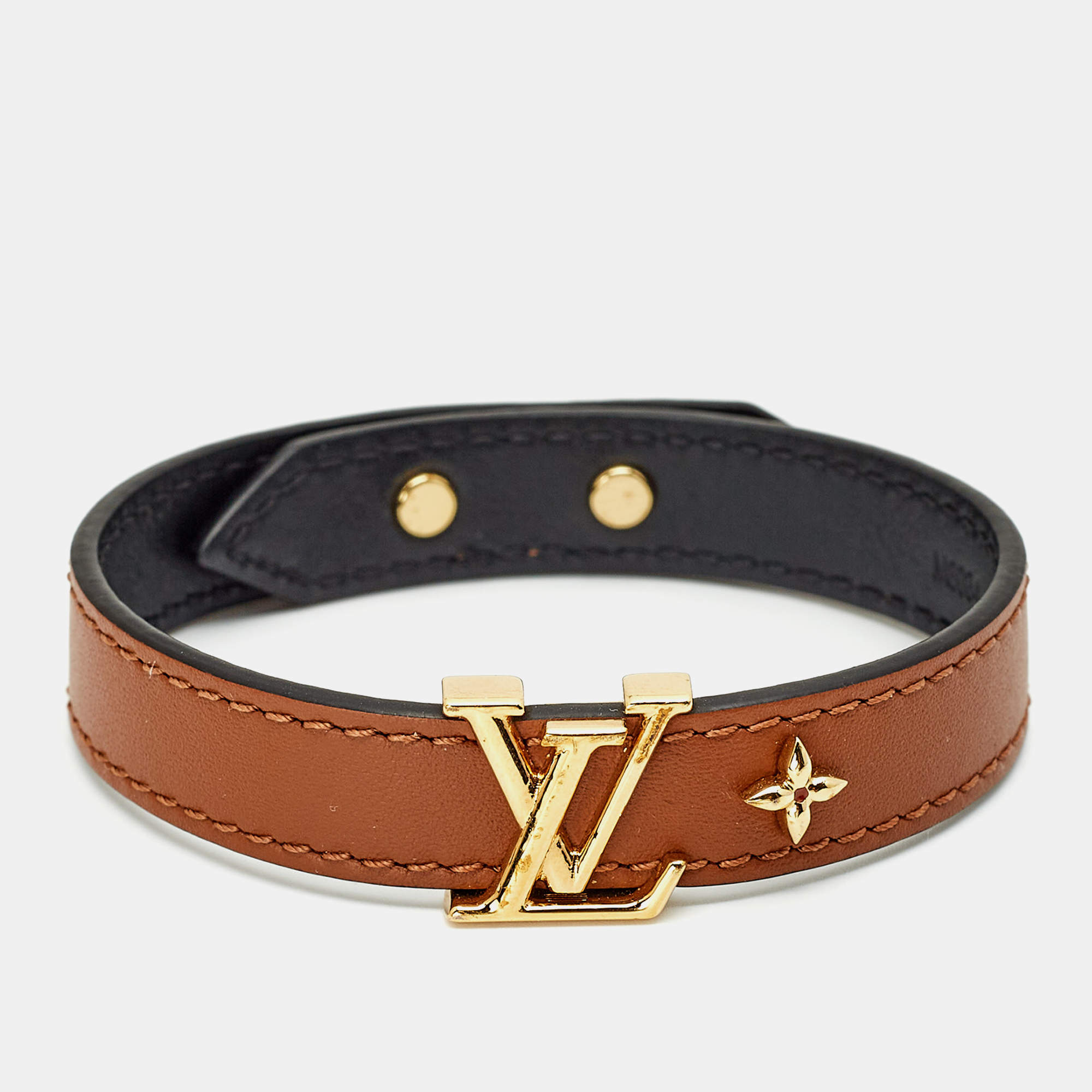 Pre Owned Louis Vuitton LV Iconic Leather Gold Tone Bracelet 19