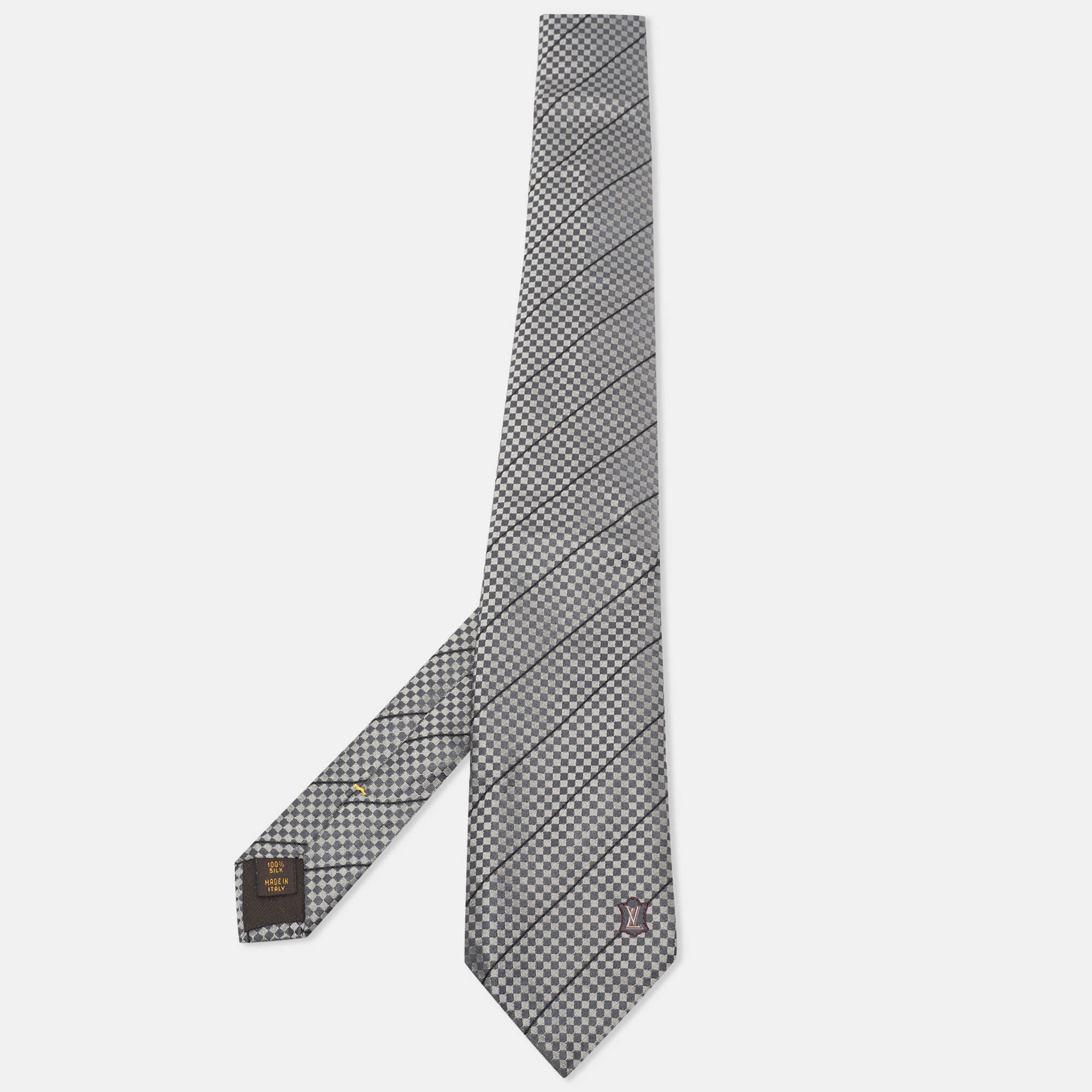 Pre Owned Louis Vuitton Grey Damier Silk Jacquard Classic Tie