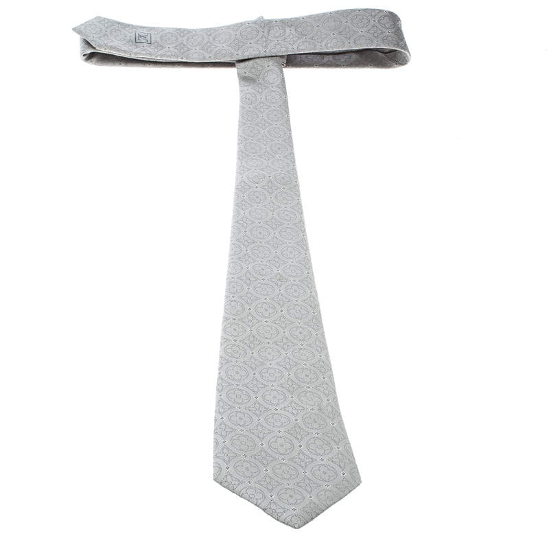 Pre Owned Louis Vuitton Grey Logo Embroidered Silk Quatrefoil Jacquard Tie
