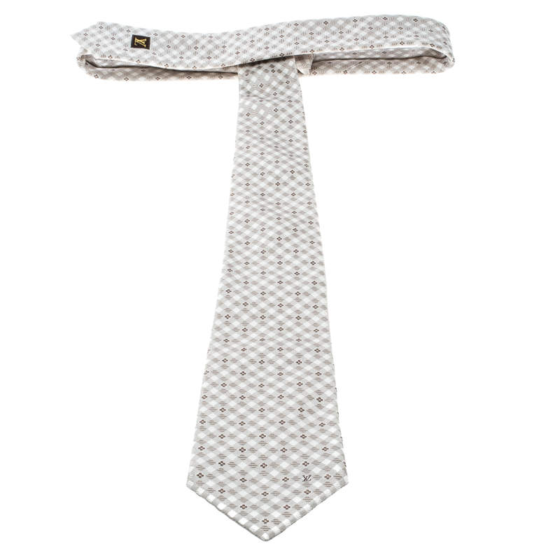 Pre Owned Louis Vuitton Beige and Cream Checked Monogram Patterned Silk Jacquard Tie
