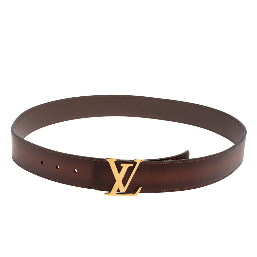 LOUIS VUITTON Brown Leather Belt MEN'S LV UTAH Initial Gold Buckle