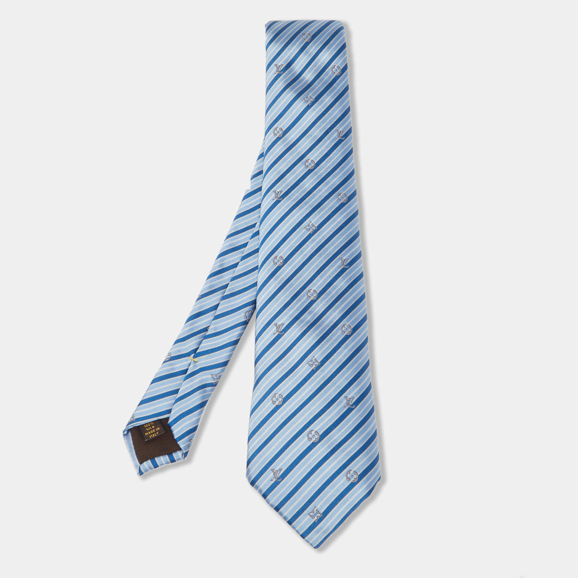 Pre Owned ربطة عنق لوي فيتون حرير مونوغرامي زرقاء مخططة