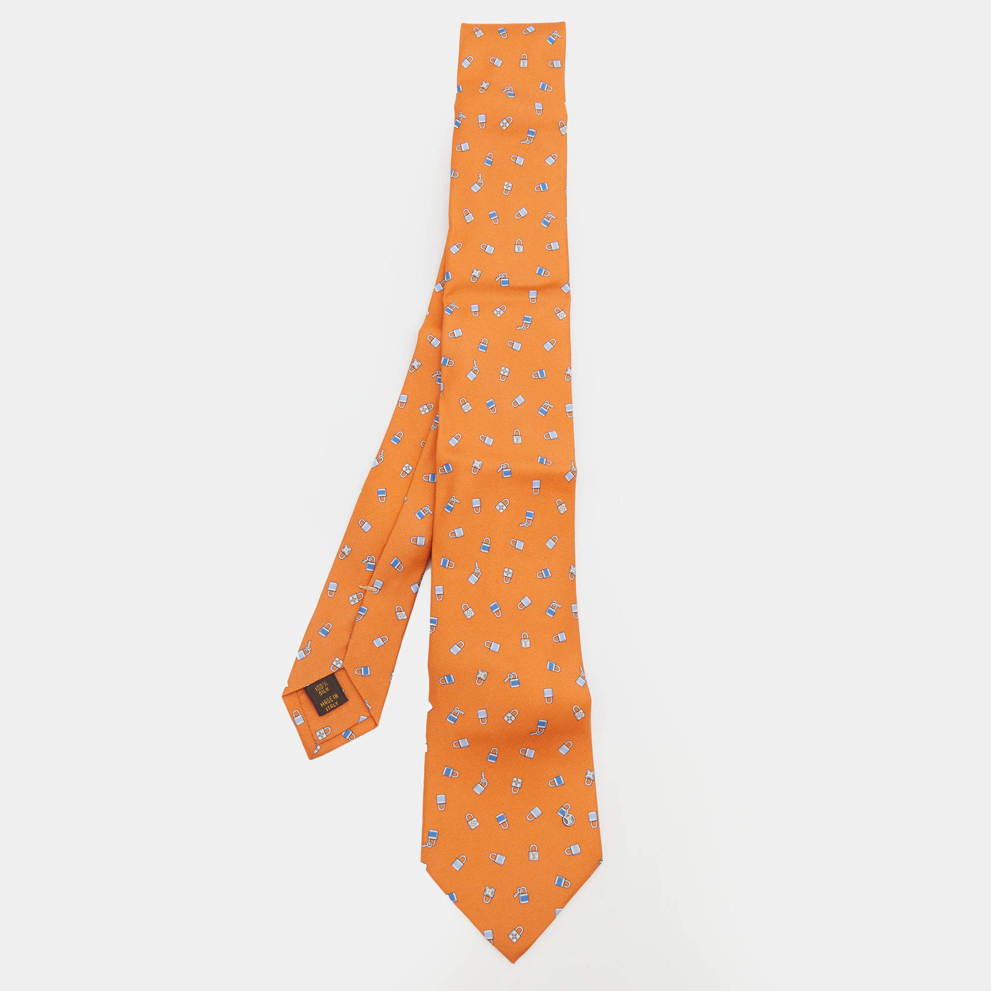 Pre Owned Louis Vuitton Orange Padlock Print Silk Tie