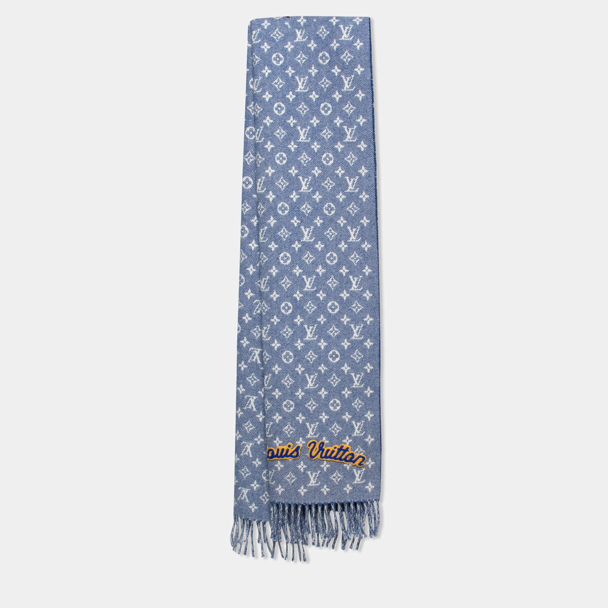 Louis Vuitton Blue Wool/Cashmere Monogram Denimbellished City Scarf -  Yoogi's Closet