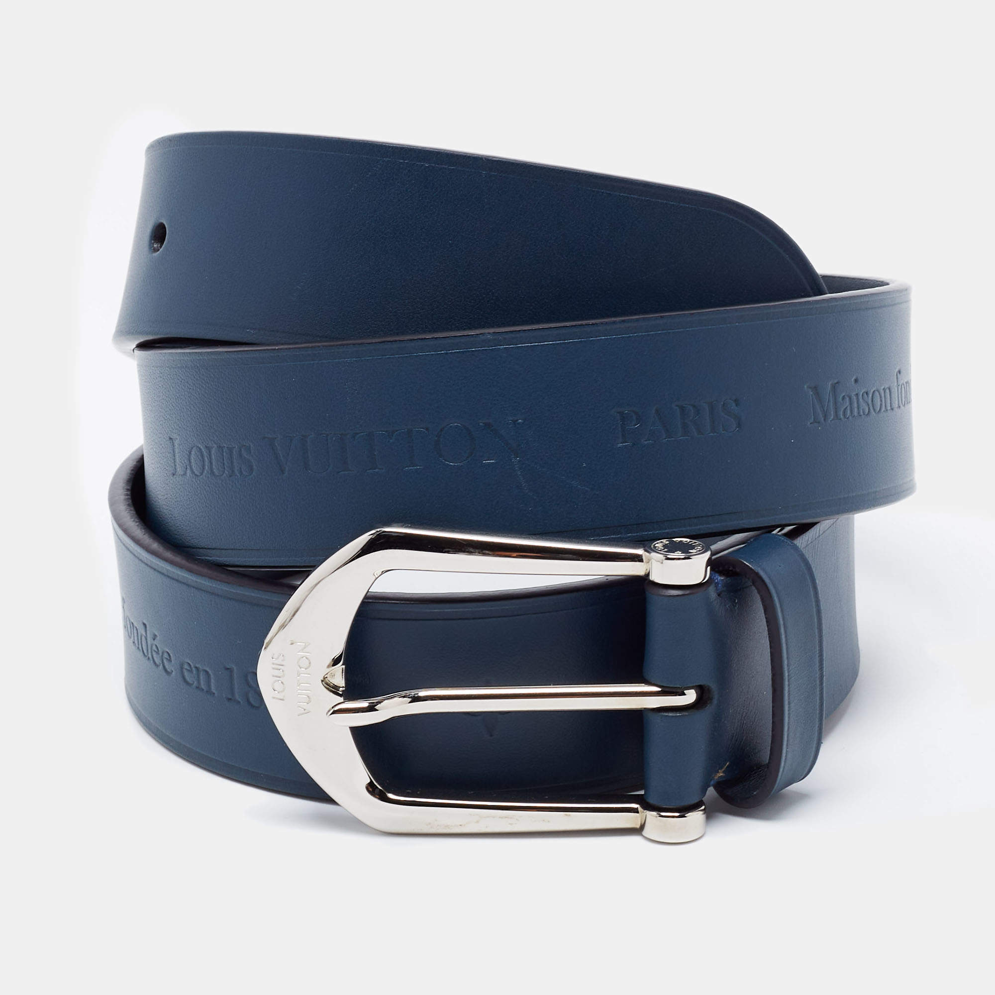 Pre Owned Louis Vuitton Blue Leather Buckle Belt 100 CM
