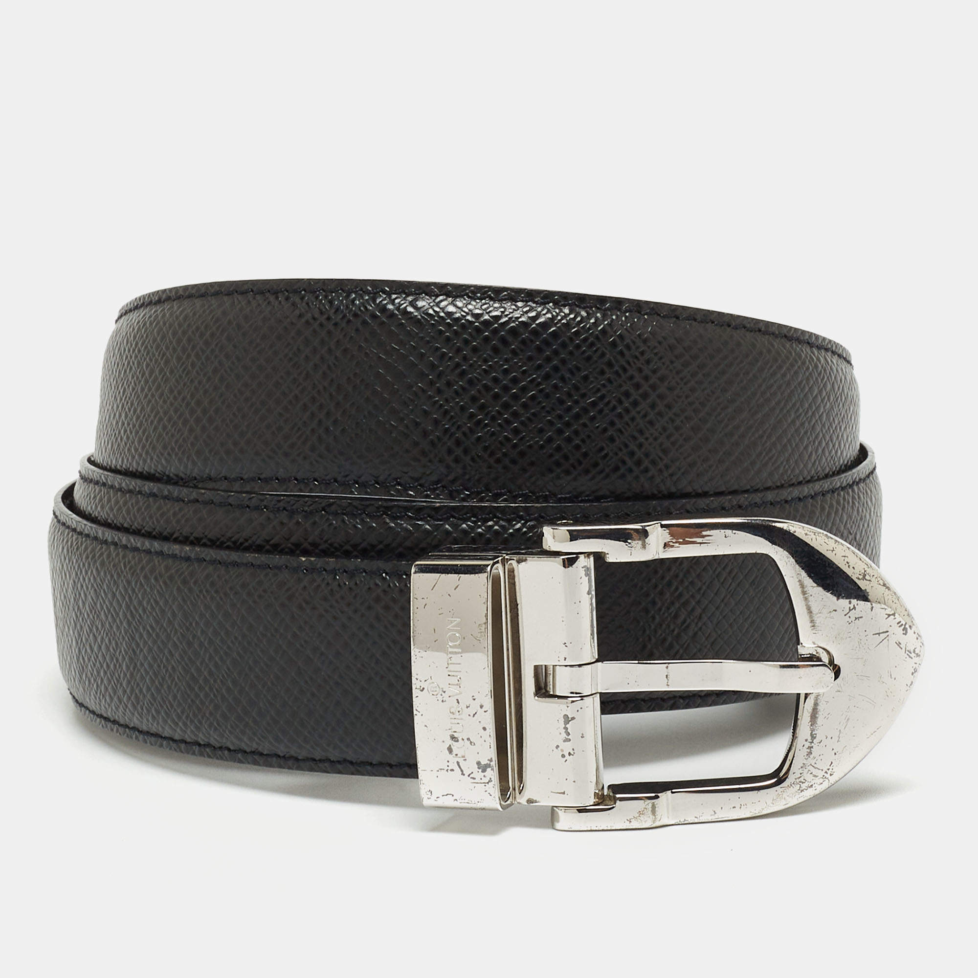 Louis Vuitton Black Taiga Leather Buckle Belt 90CM