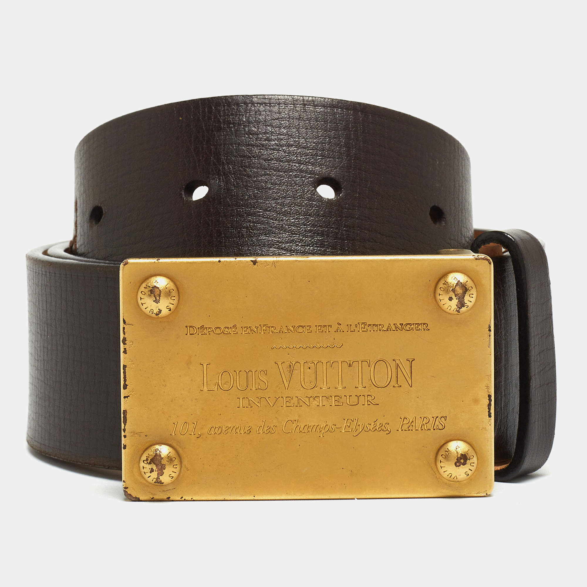 Pre Owned Louis Vuitton Dark Brown Leather Inventeur Belt 90CM