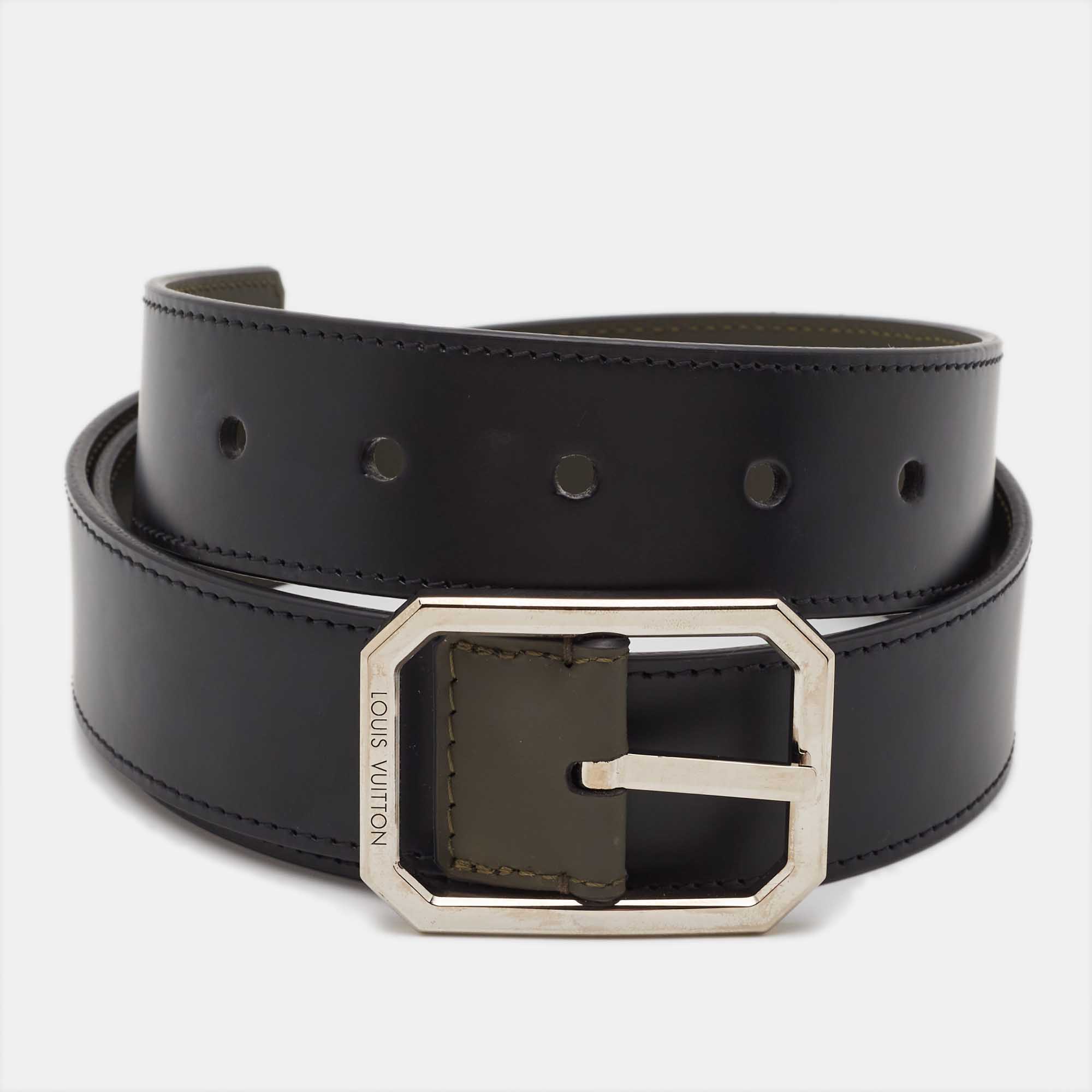 Pre Owned Louis Vuitton Black/Moss Green Leather Santur Reversible Belt 85 CM 