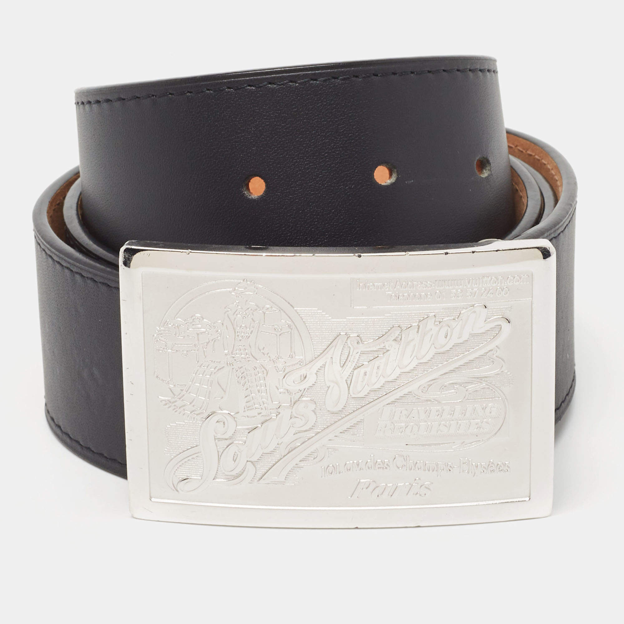 Pre Owned Louis Vuitton Black Leather Travelling Requisites Buckle Belt 100CM