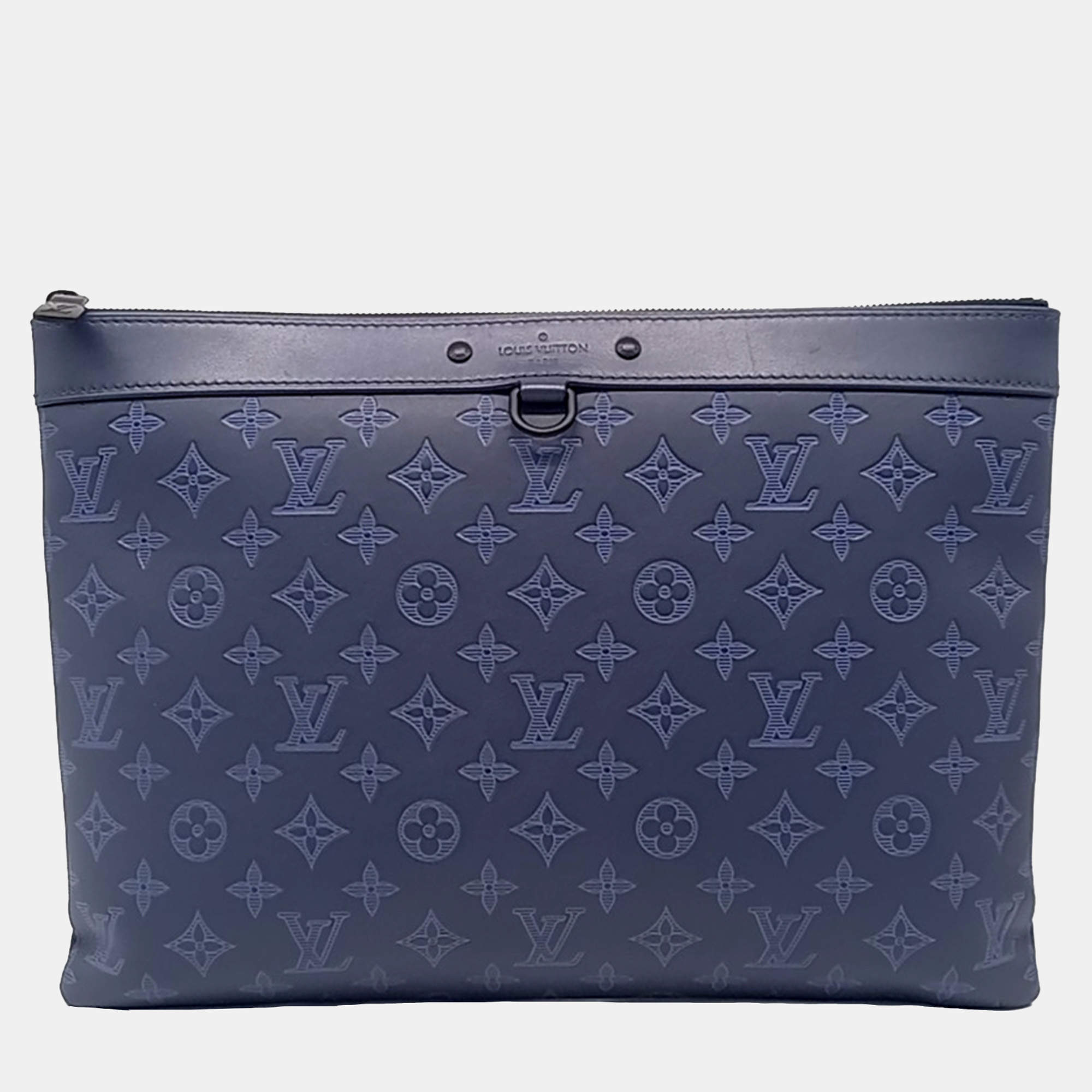 Pre Owned Louis Vuitton Gray Blue & Sky Blue Leather Discovery Pochette Clutch Bag