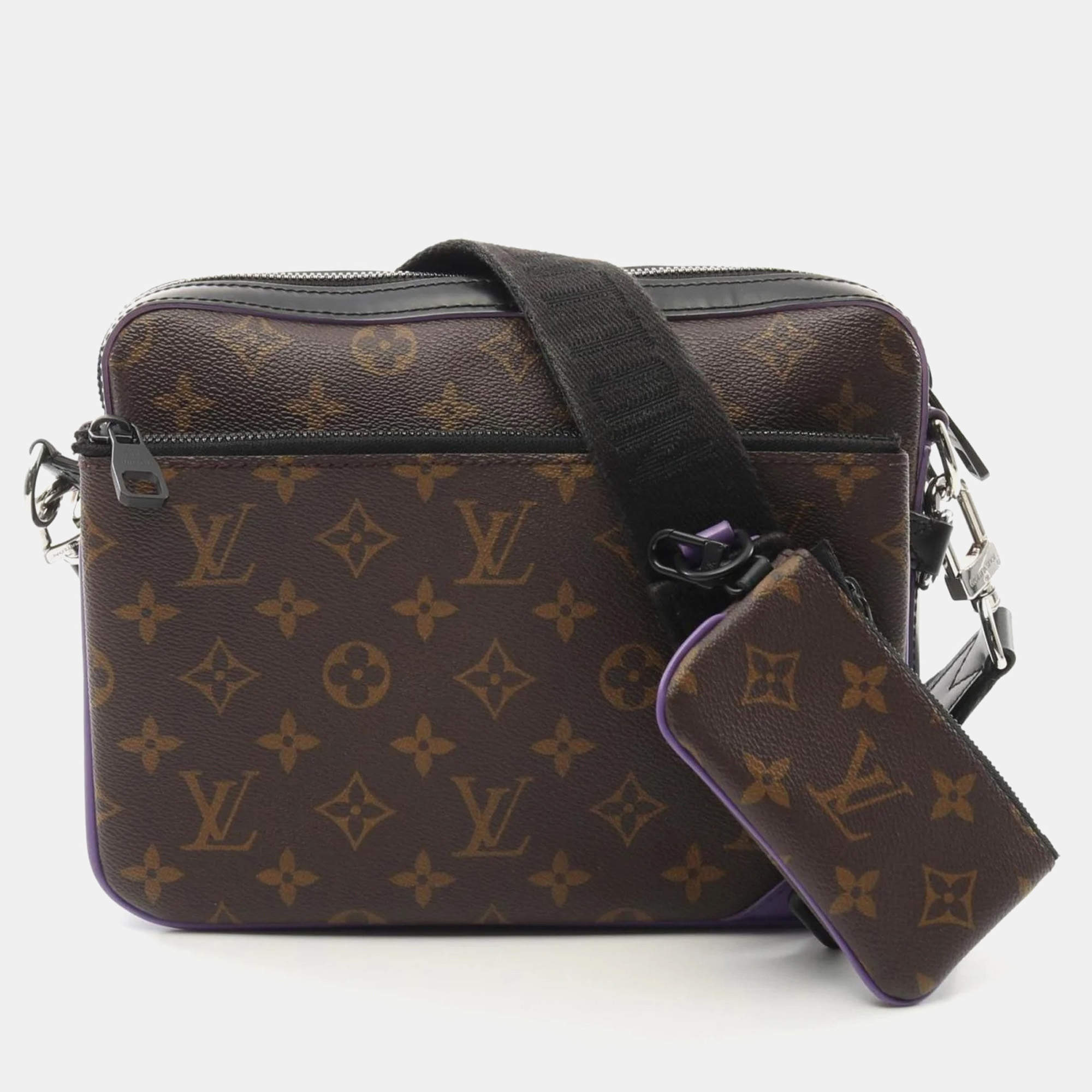 Louis Vuitton Trio Shoulder Bag Coated Canvas Leather Monogram Macassar Brown Black Purple