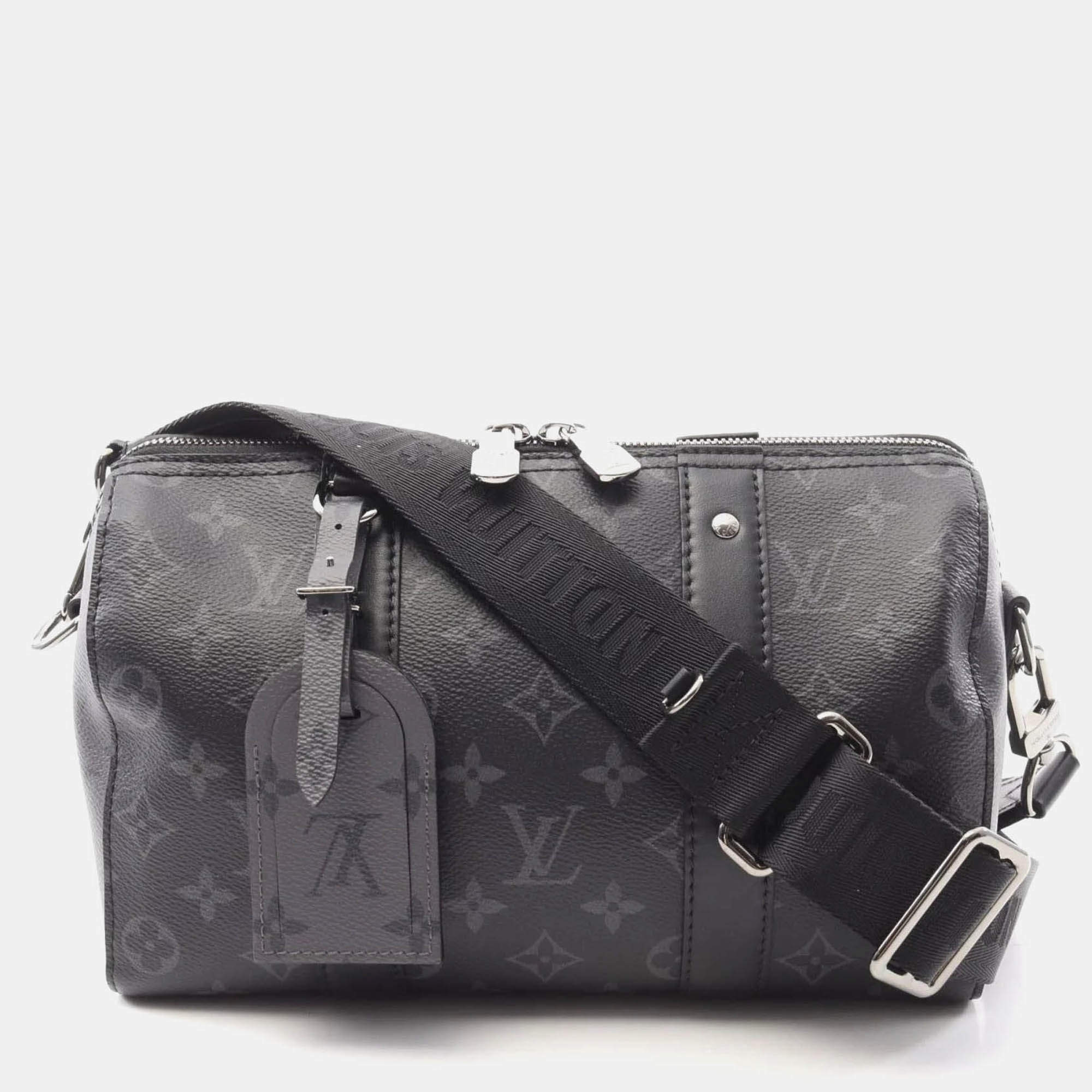 Pre Owned Louis Vuitton City Keepall Black Grey Monogram Eclipse Coated Canvas Leather Shoulder Bag