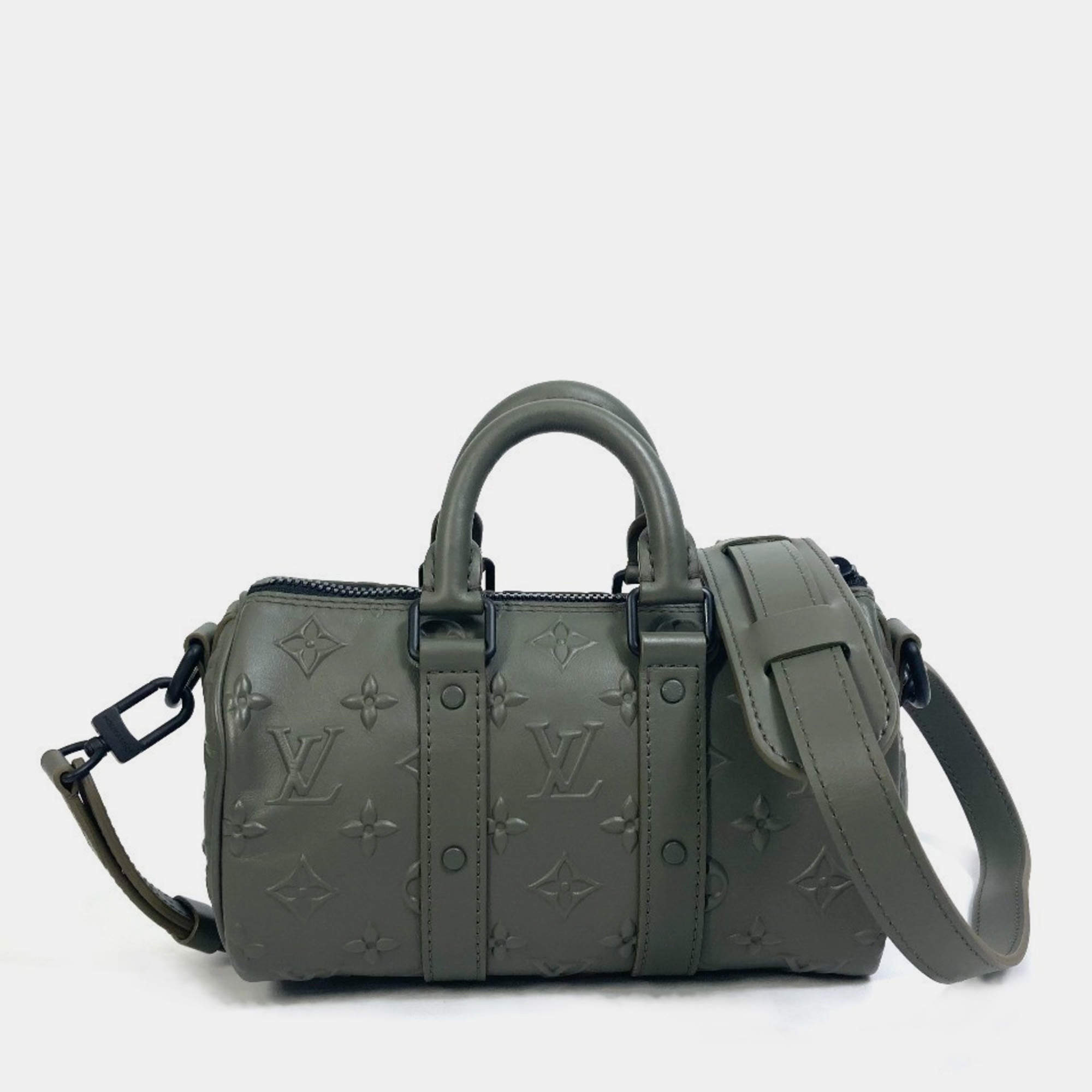 Pre Owned Louis Vuitton M57961 Khaki Monogram Leather Seal Keepall XS 2 Way Handbag 