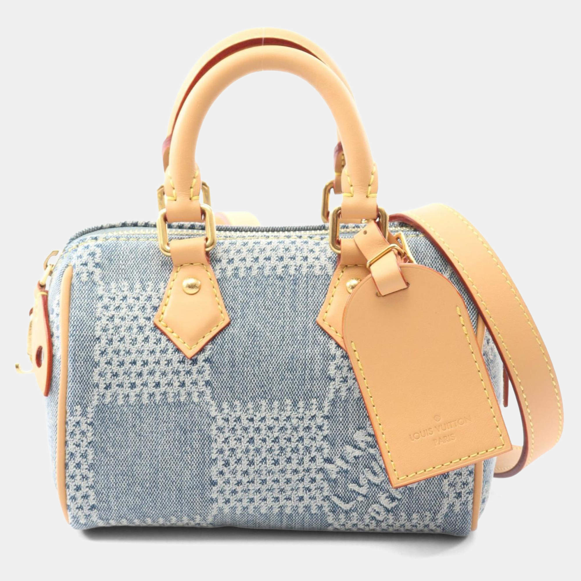 Pre Owned Louis Vuitton Speedy Bandouliere 18 Blue Brown Damier Denim Leather Top Handle Bag