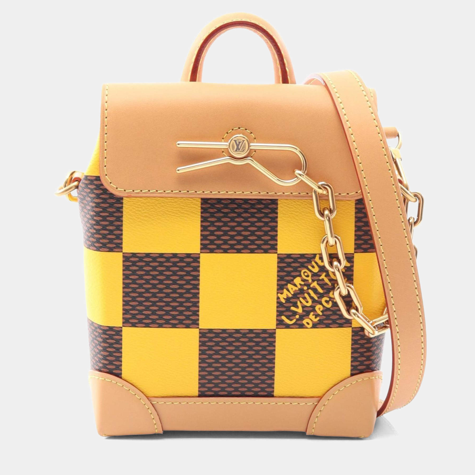 Pre Owned Louis Vuitton Nano Steamer Shoulder Bag  Pvc-Coated Canvas And Leather Damier  Brown/Yellow