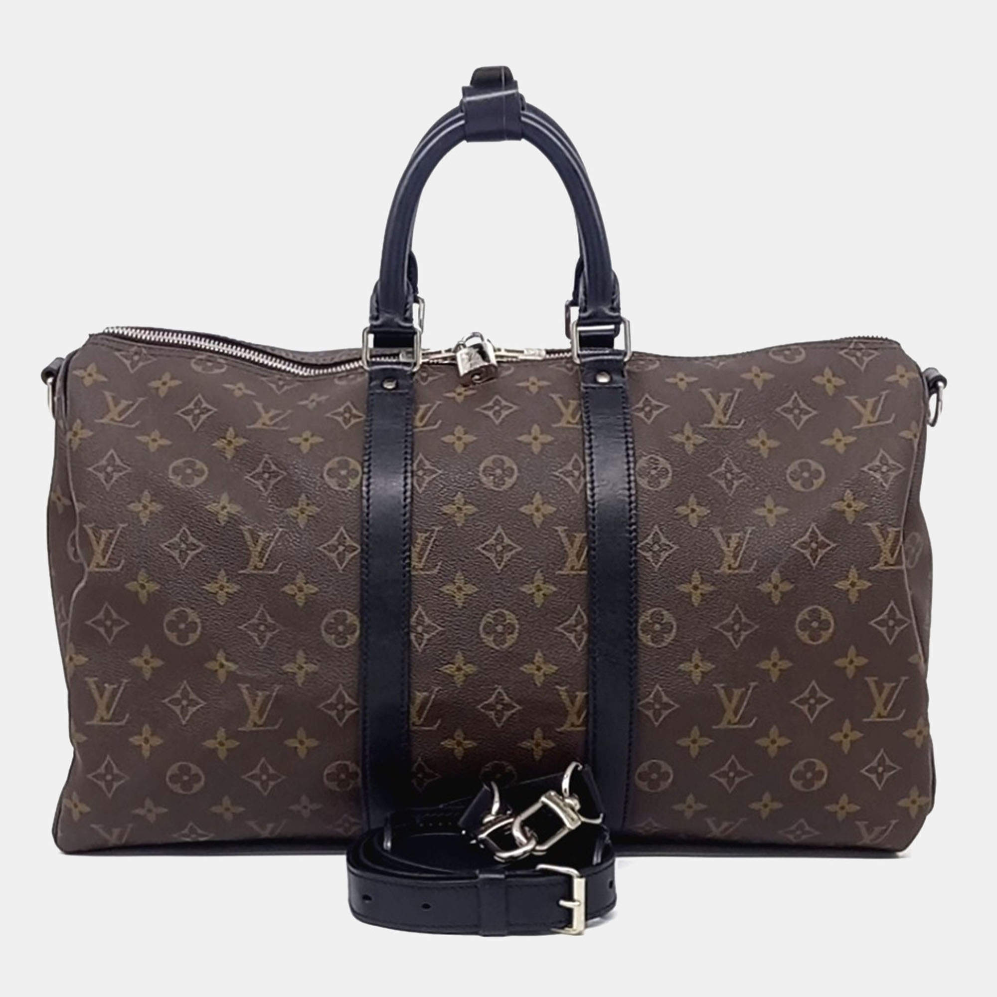 Pre Owned Louis Vuitton Black Brown Leather and PVC Makassar Bandouliere Keepall 45