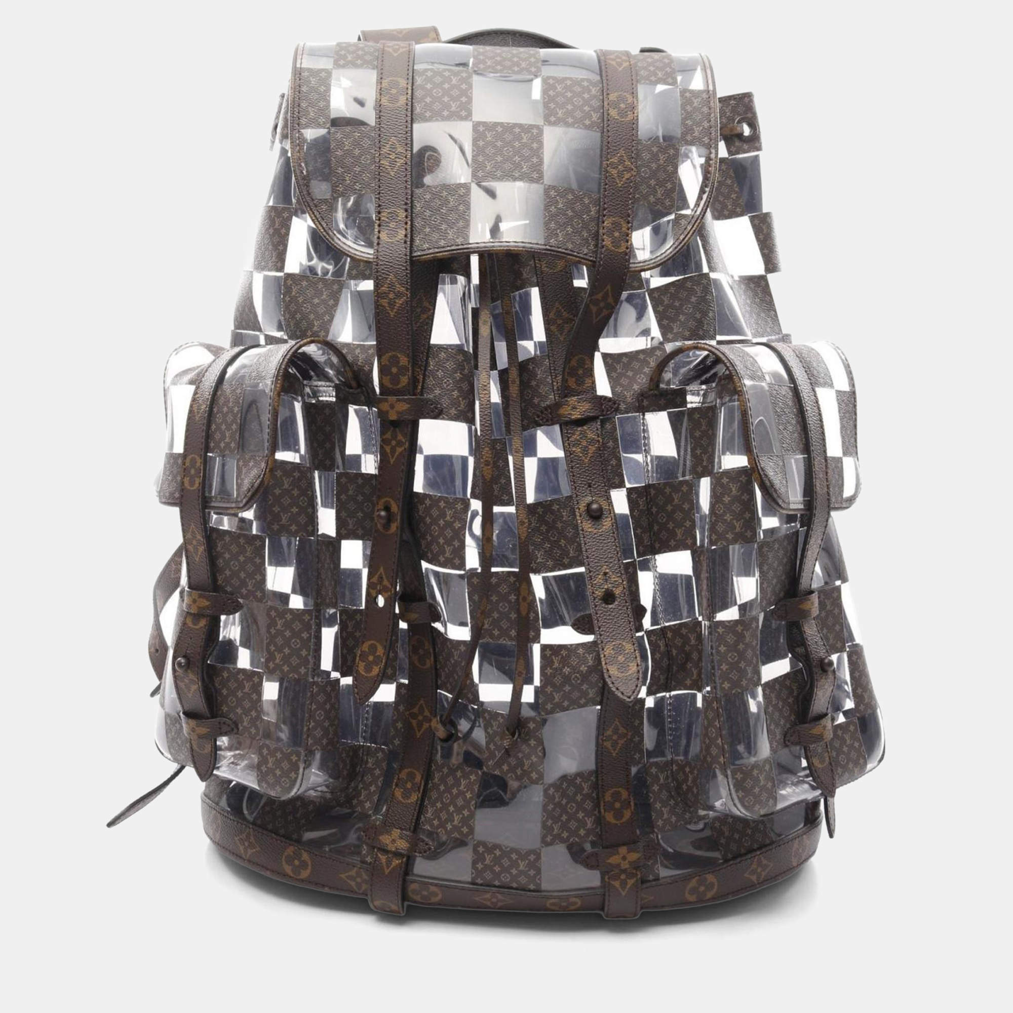 Pre Owned Louis Vuitton Christopher Mm Monogram Chess Rucksack Coated Canvas Brown And Clear