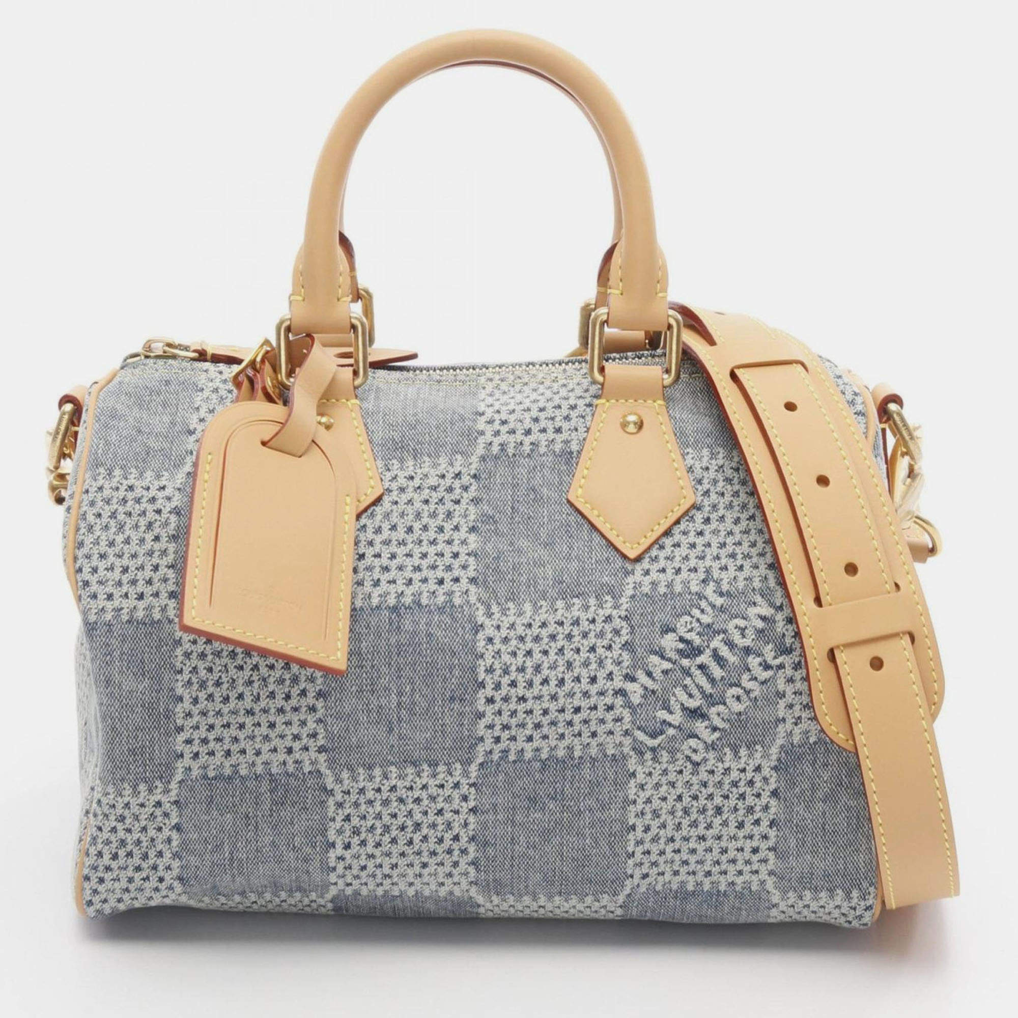 Pre Owned Louis Vuitton Speedy Bandouliere 25 Handbag Denim Leather Damier Denim Blue