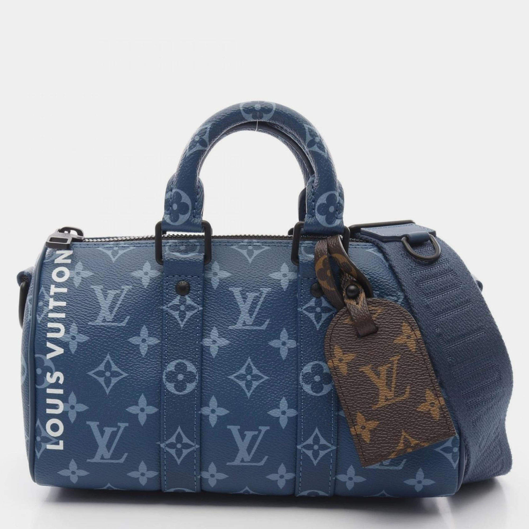 Pre Owned Louis Vuitton Keepall Bandouliere 25 Monogram Atlantic Handbag Coated Canvas Blue