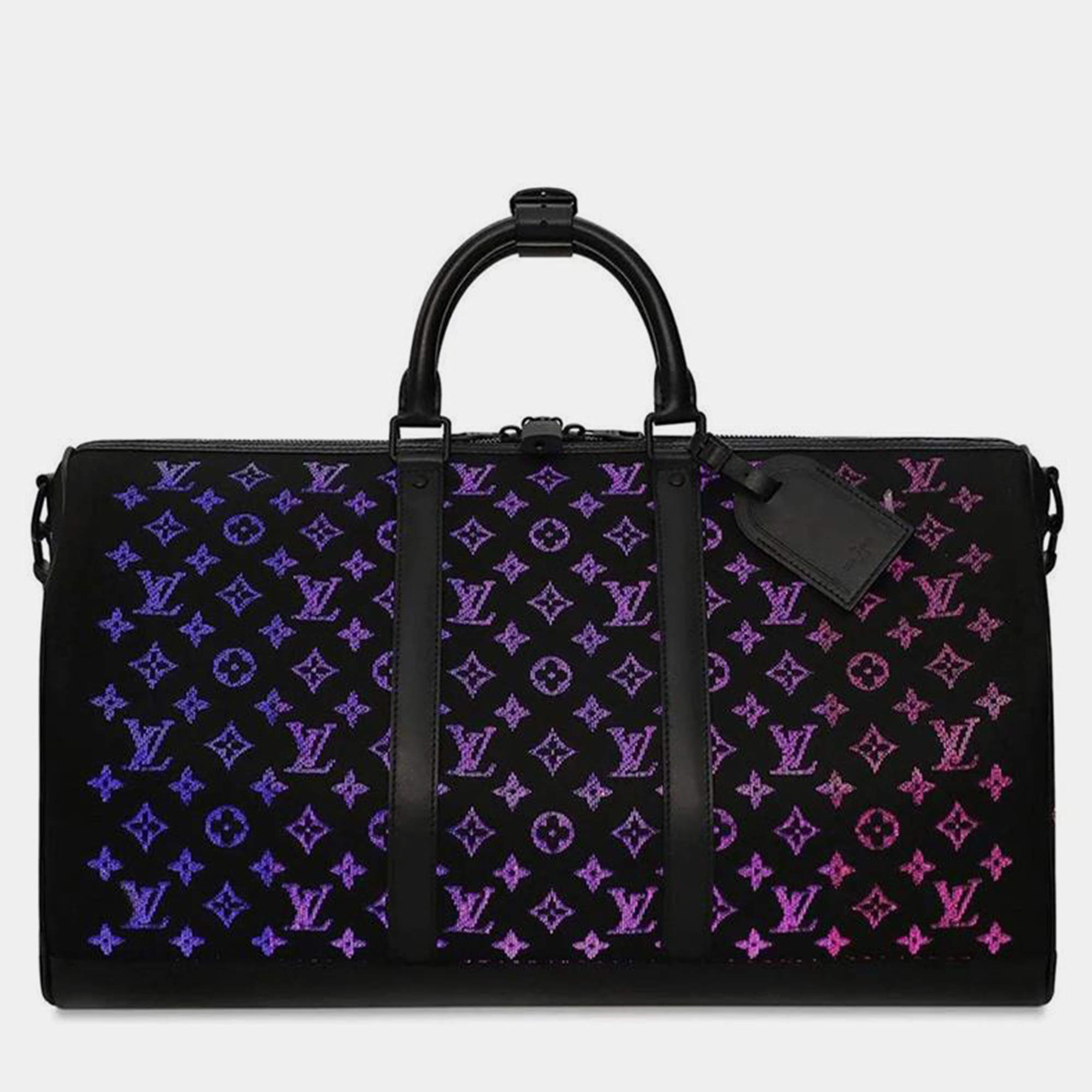 Pre Owned Louis Vuitton Light Up Keepall Bandouliere 50 Black Monogram Jacquard Duffel Bag