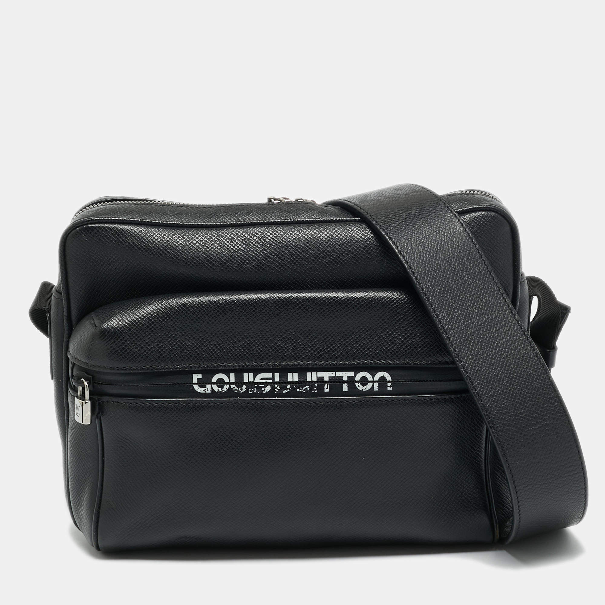 Pre Owned Louis Vuitton Outdoor Logo PM Black Taiga Leather Messenger Bag