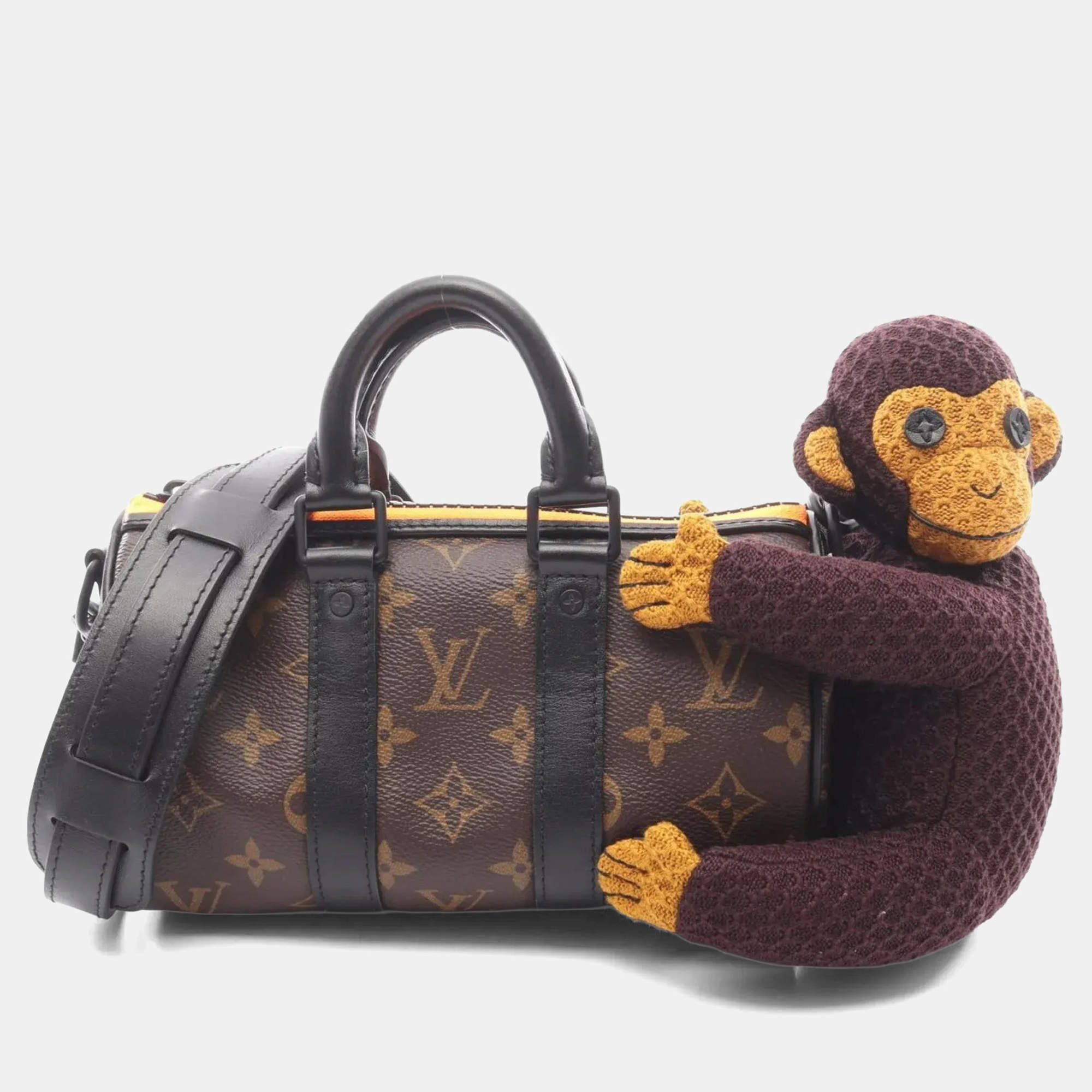 مملوكة مسبقًا Louis Vuitton Keepall Xs Monkey Knit Puppet Handbag Coated Canvas And Leather Monogram Lv Friend Brown Multicolor