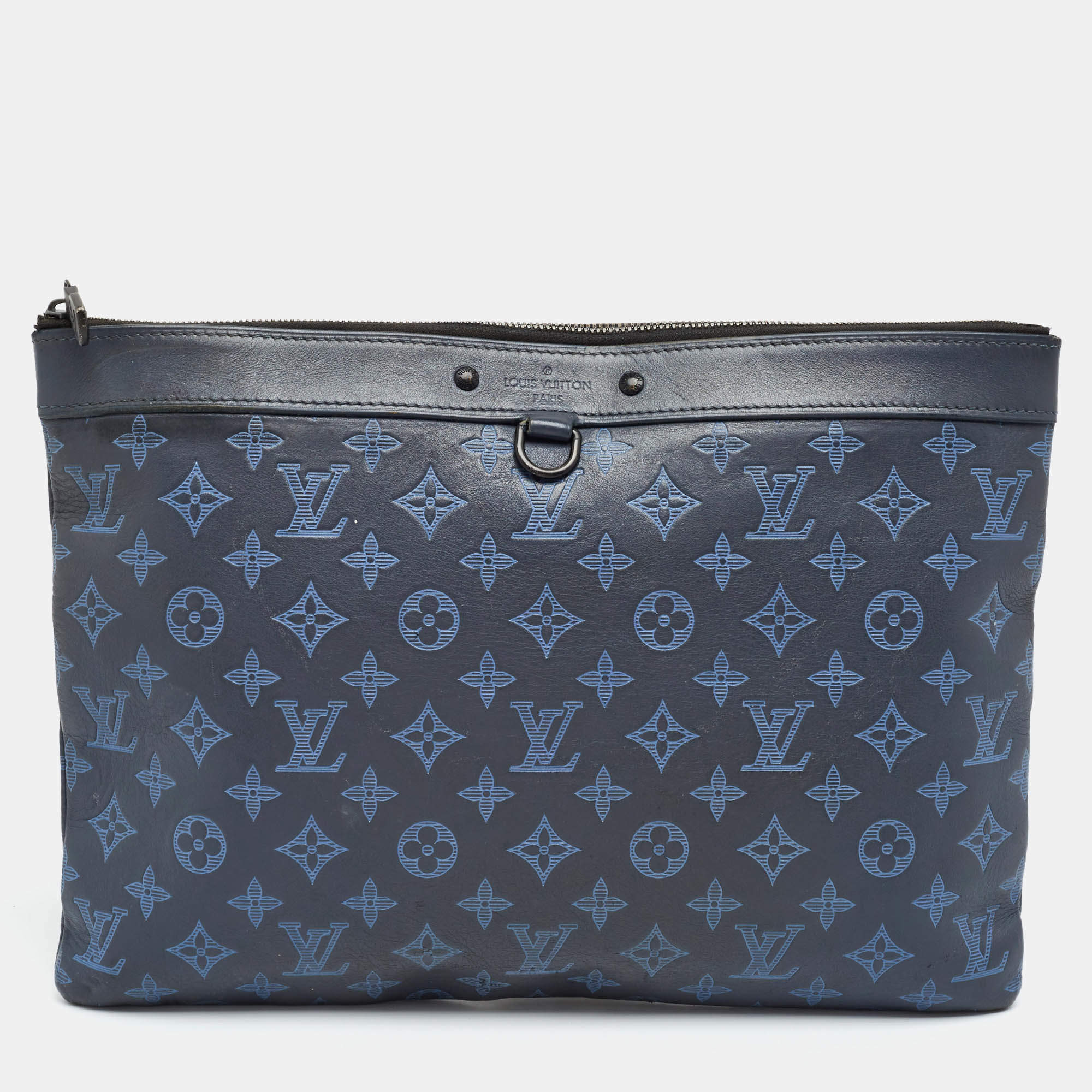 Pre Owned Louis Vuitton Discovery Navy Blue Monogram Shadow Leather Pochette 