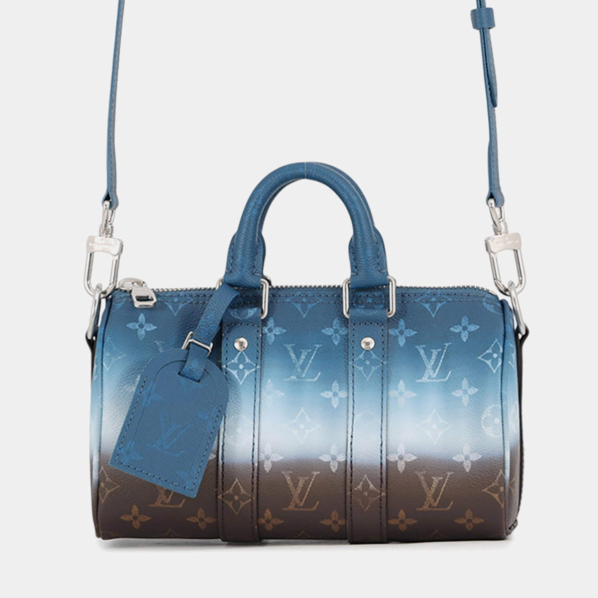 Pre Owned Louis Vuitton Keepall Bandouliere 25 Blue Monogram Pigment Canvas Crossbody Bag
