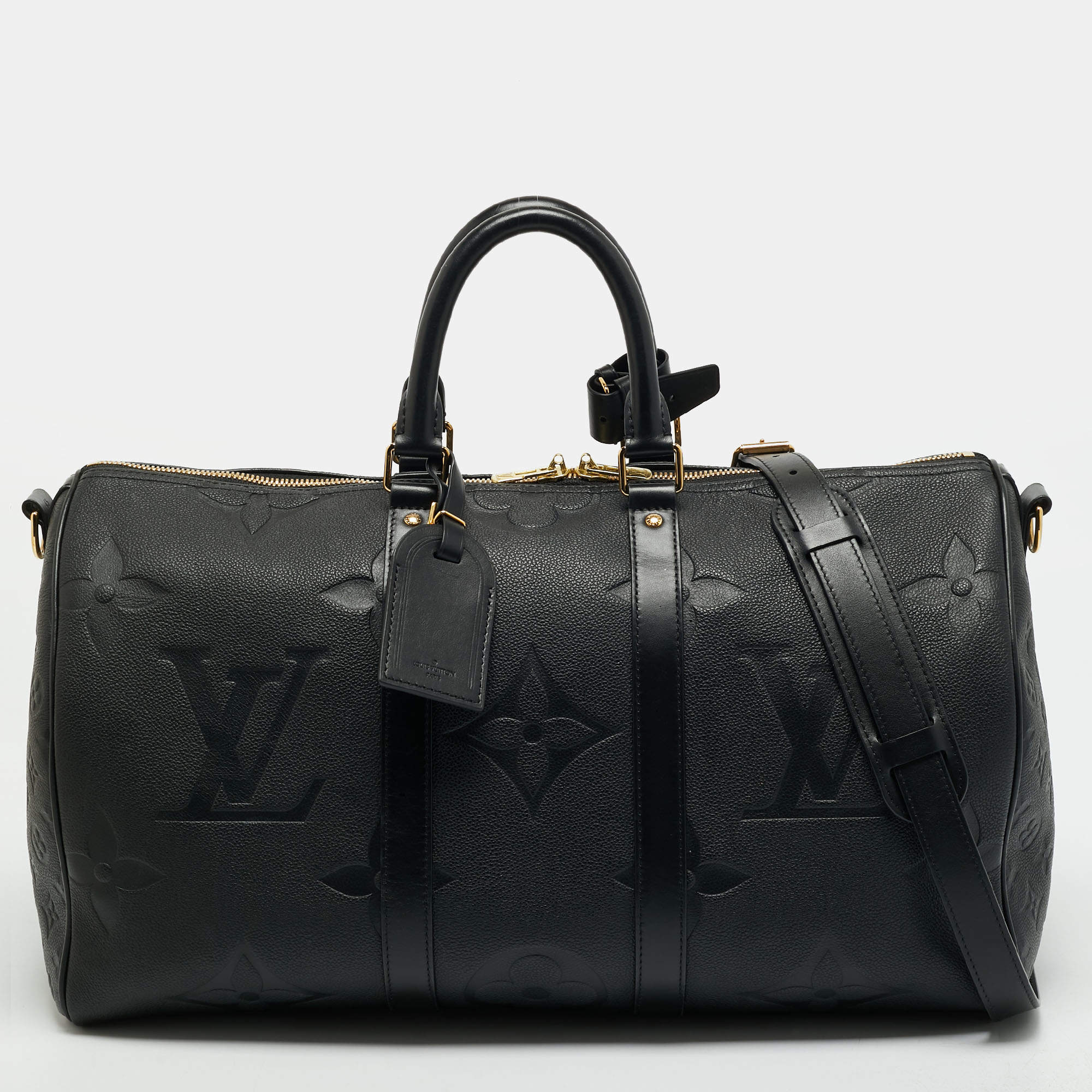 Pre Owned Louis Vuitton Keepall Bandoulière 45 Black Monogram Giant Empreinte Leather Duffel Bag