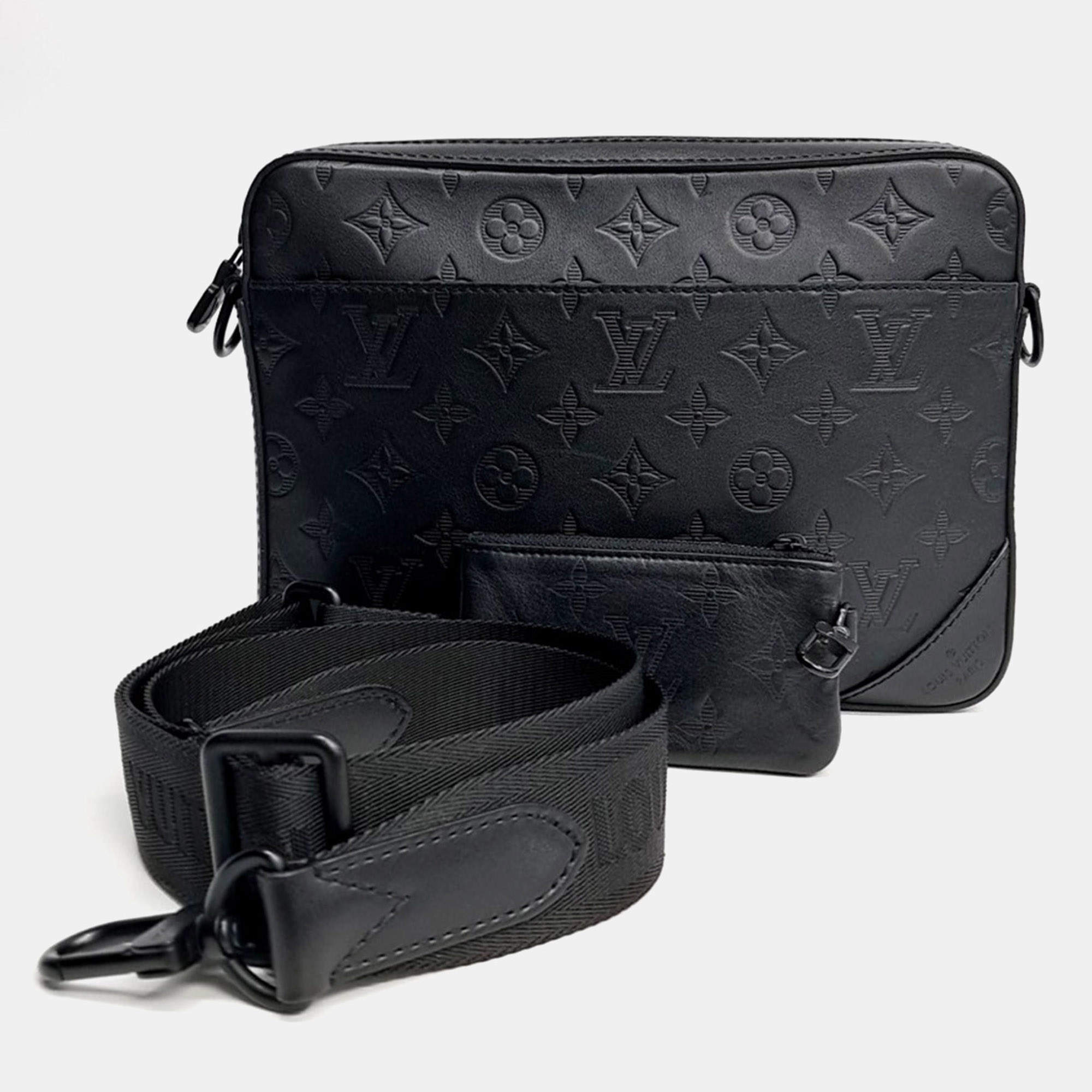 Pre Owned Louis Vuitton Black Leather Monogram Shadow Duo Messenger Bag