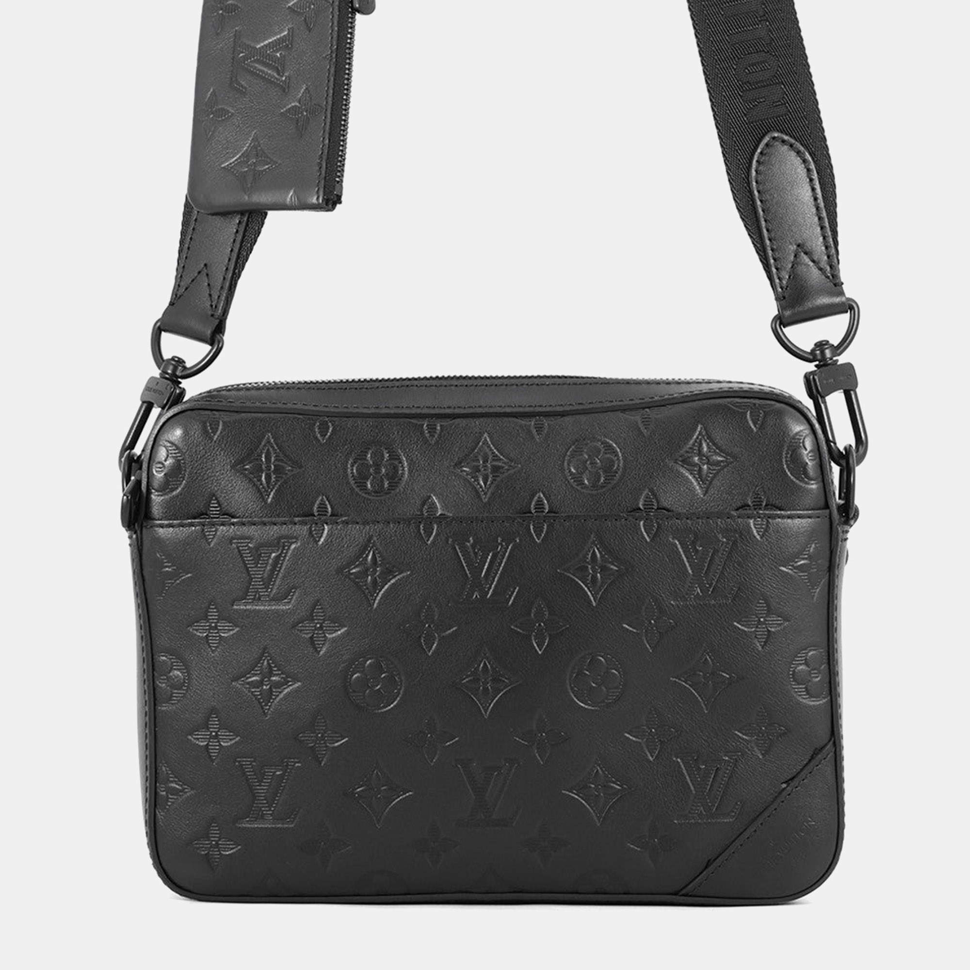 Pre Owned Louis Vuitton Duo Messenger Noir Monogram Shadow Leather Crossbody Bag