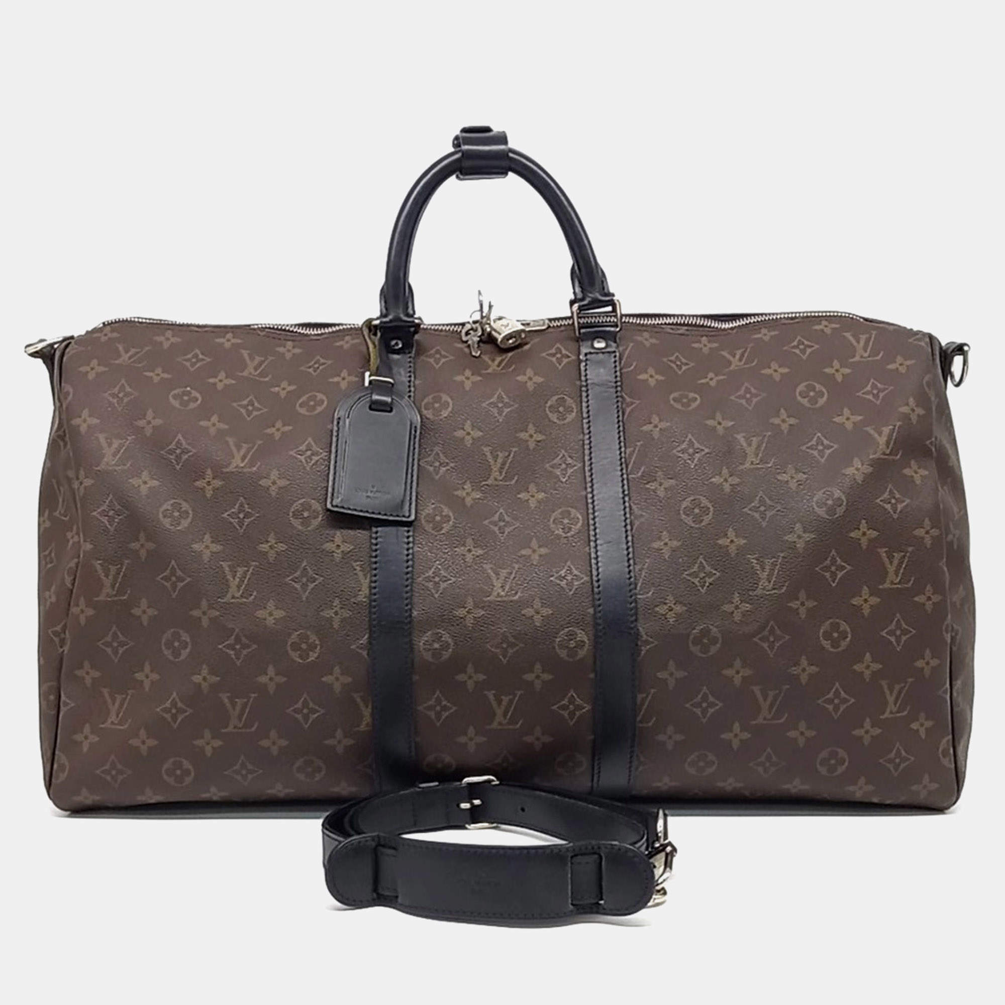 مملوكة مسبقًا Louis Vuitton Black Brown PVC Macassar Bandoulière Keepall 55
