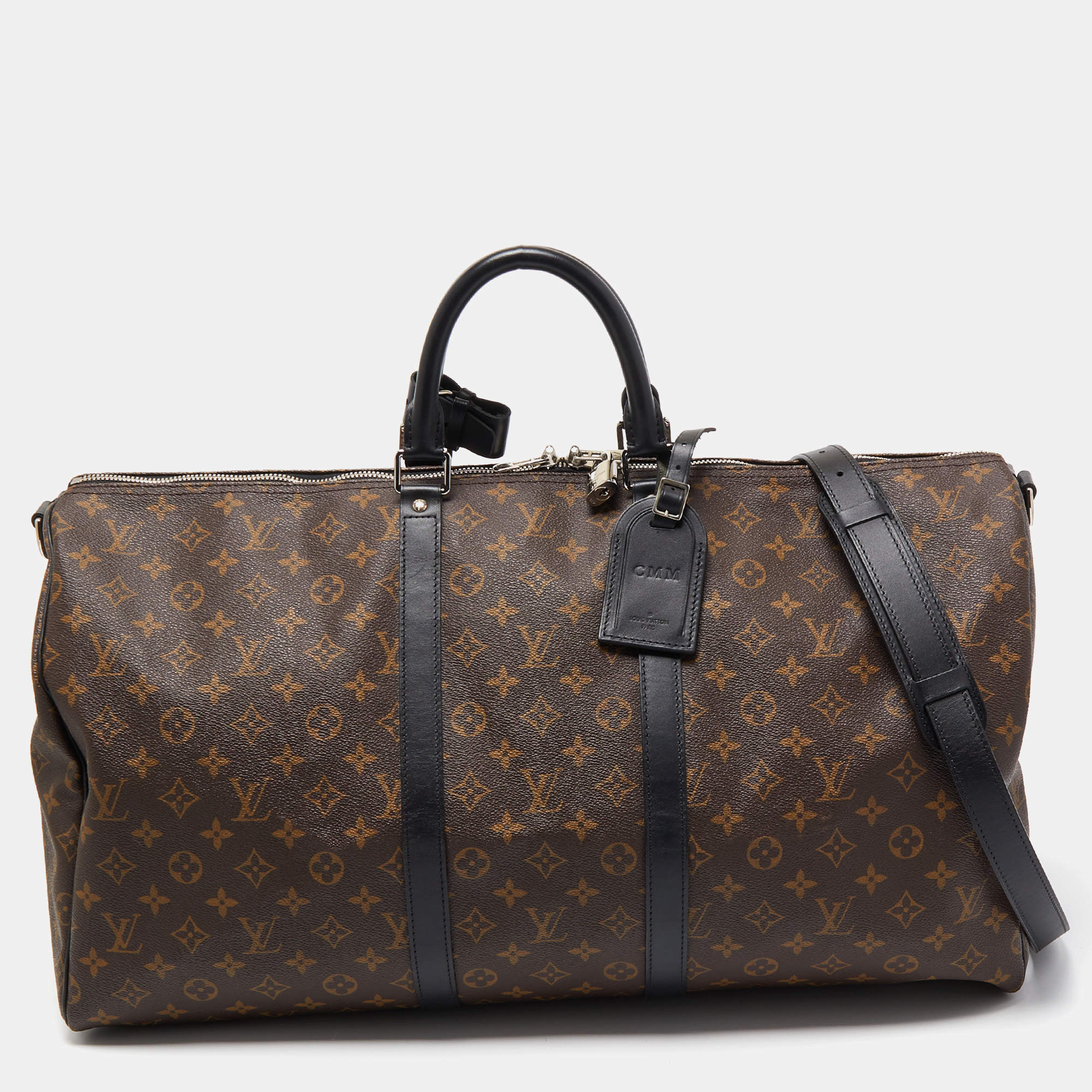 Pre Owned Louis Vuitton Black/Monogram Canvas Keepall Bandouliere 55 Bag